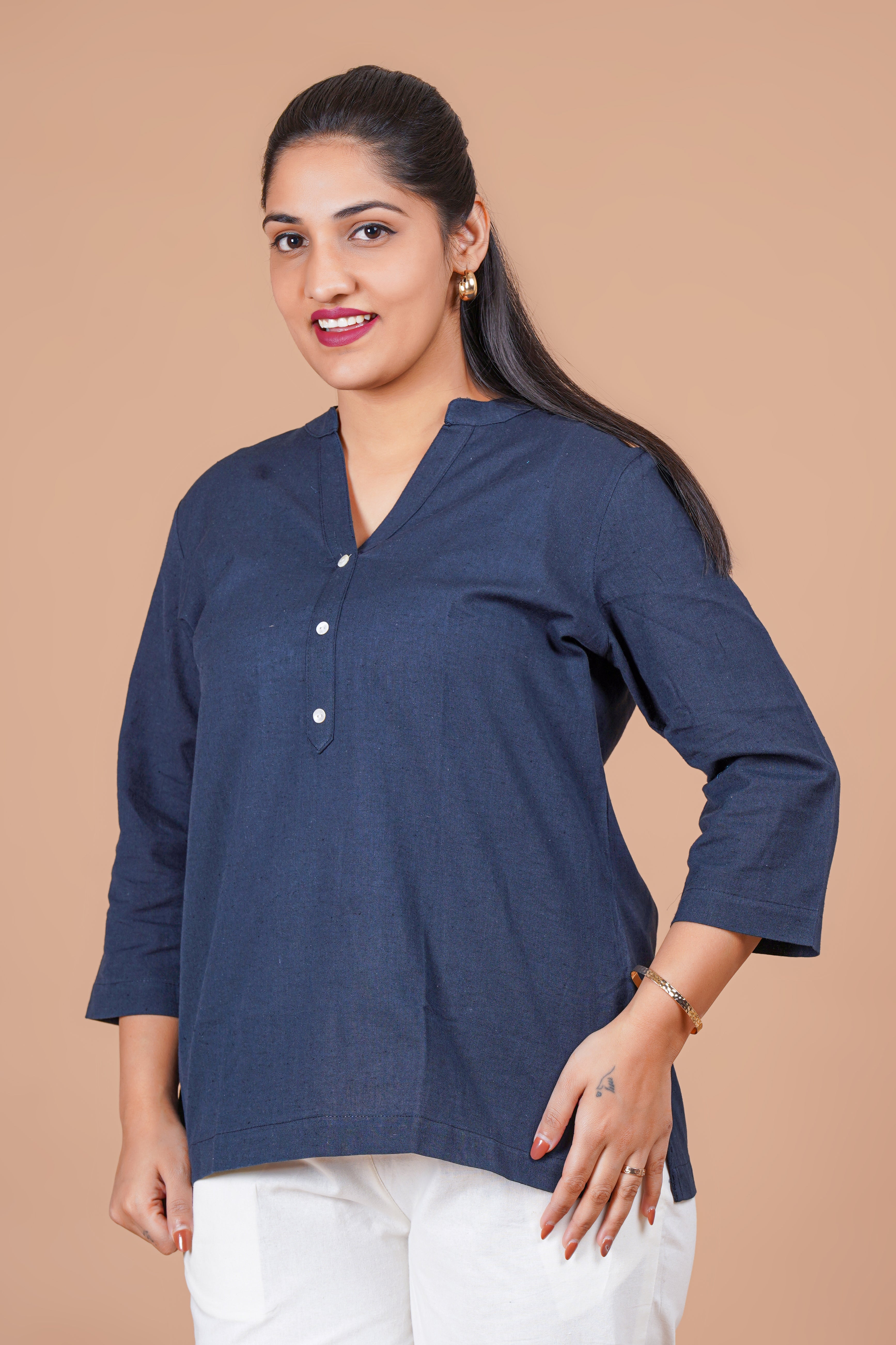 Navy Blue EasyFlow Linen Cotton Short Kurti