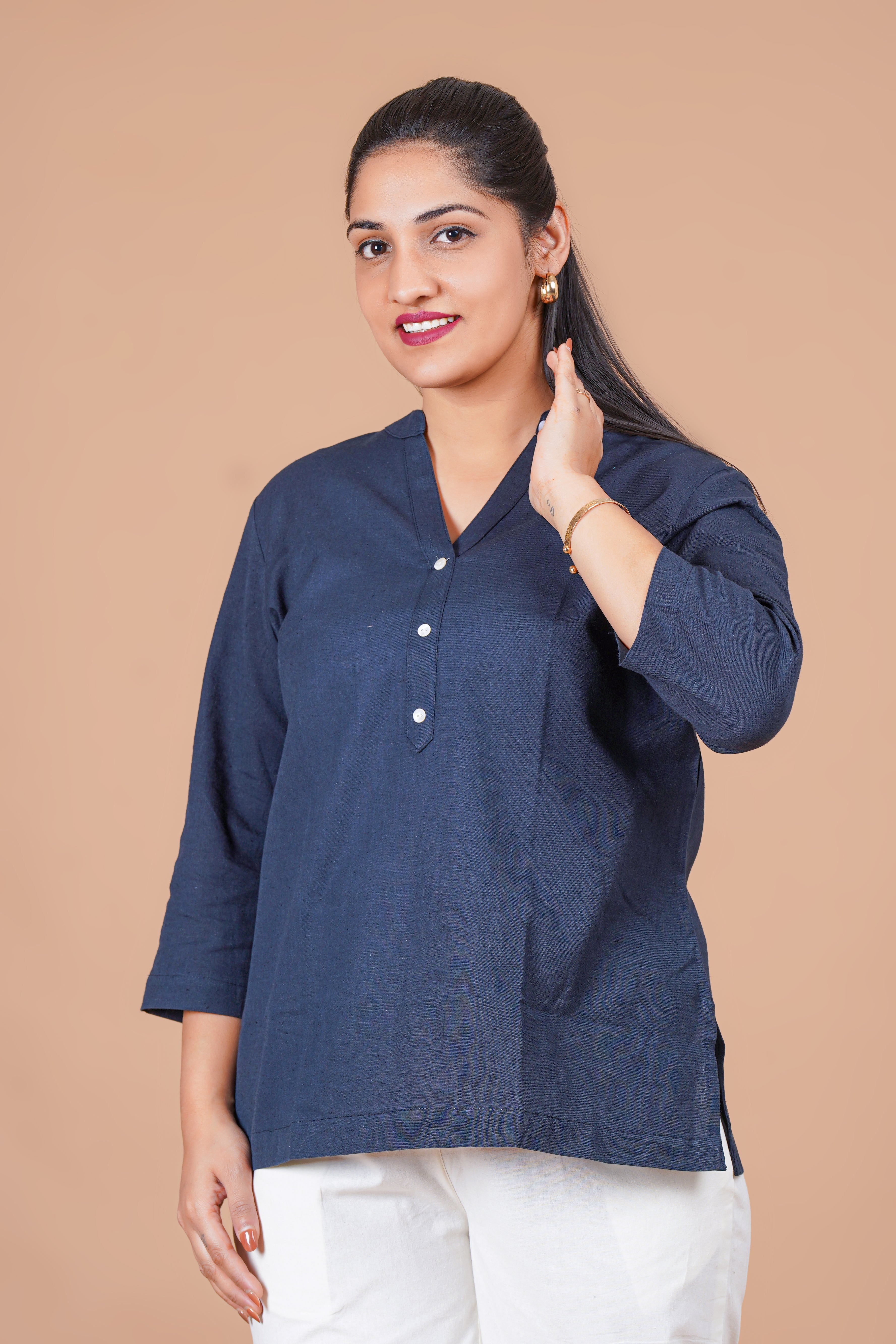 Navy Blue EasyFlow Linen Cotton Short Kurti