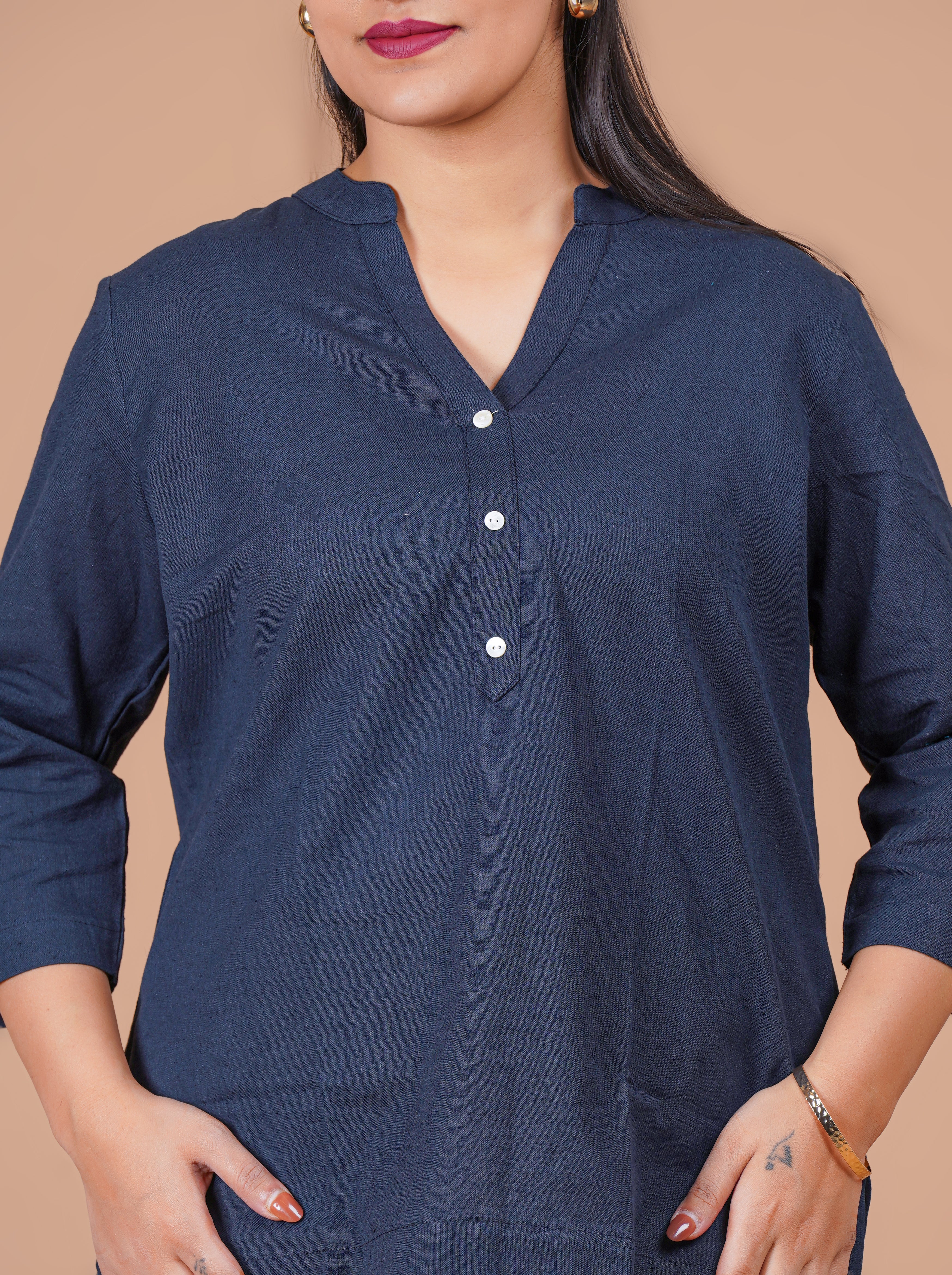 Navy Blue EasyFlow Linen Cotton Short Kurti