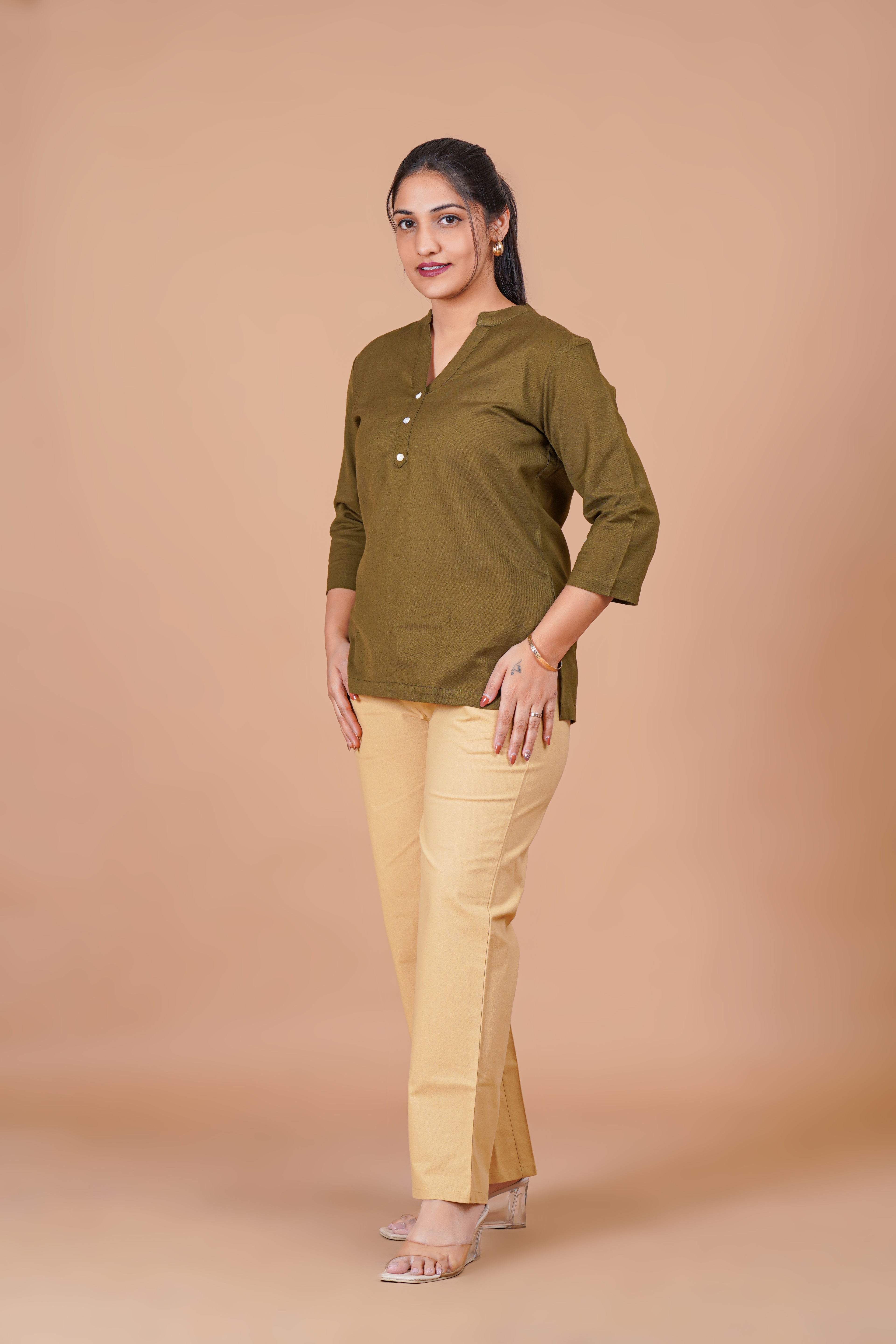 Olive Green EasyFlow Linen Cotton Short Kurti