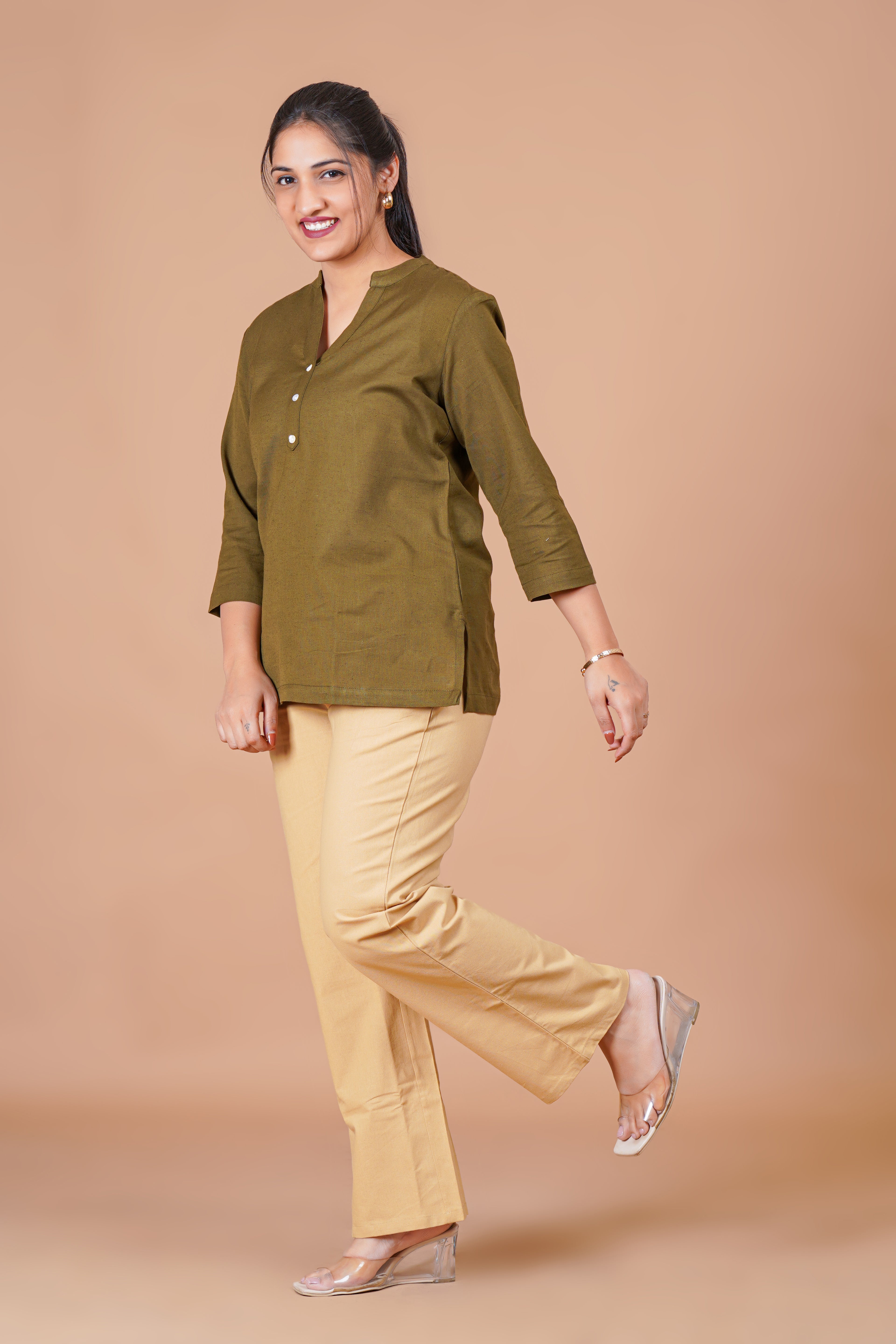 Olive Green EasyFlow Linen Cotton Short Kurti