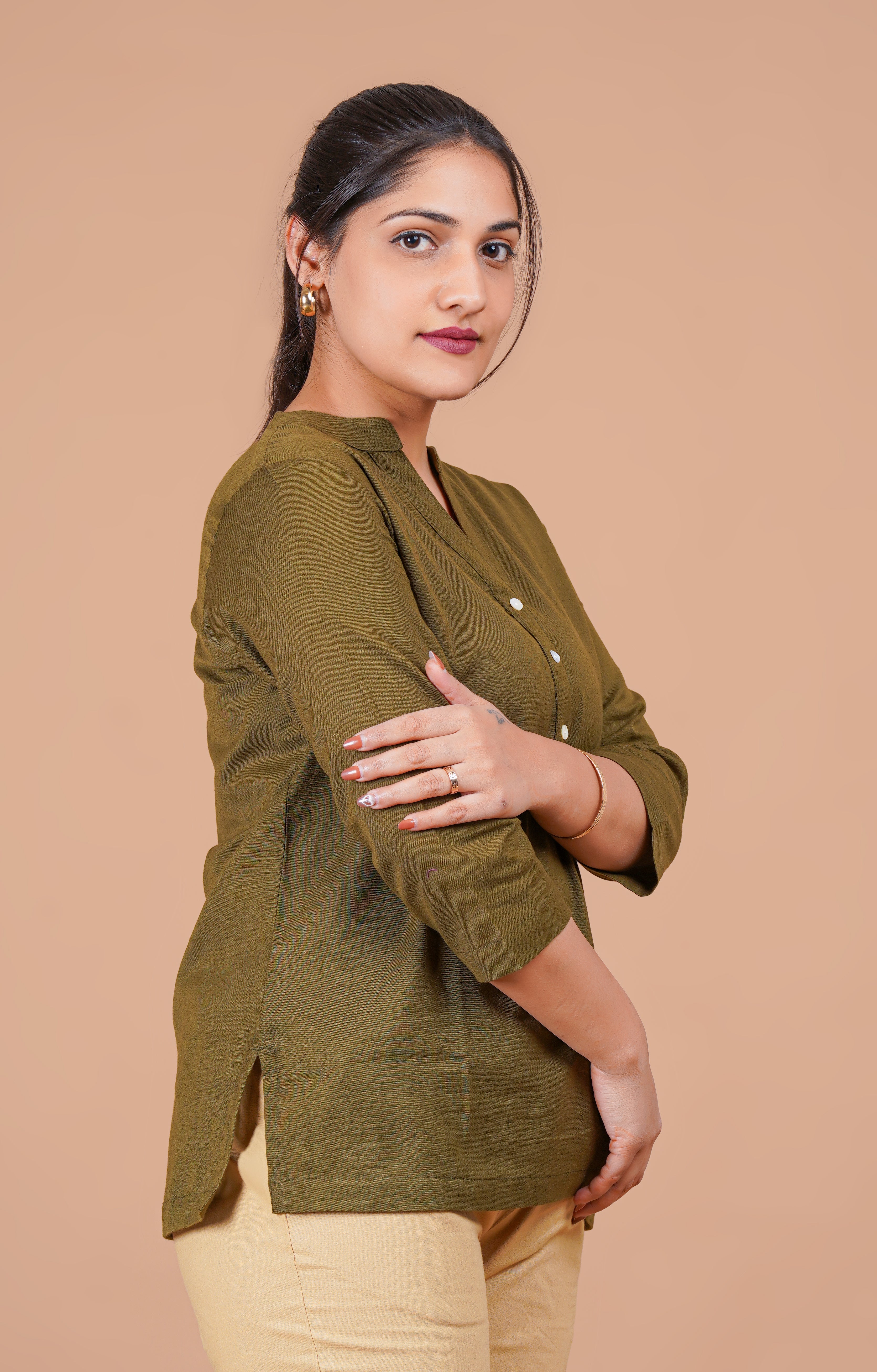 Olive Green EasyFlow Linen Cotton Short Kurti