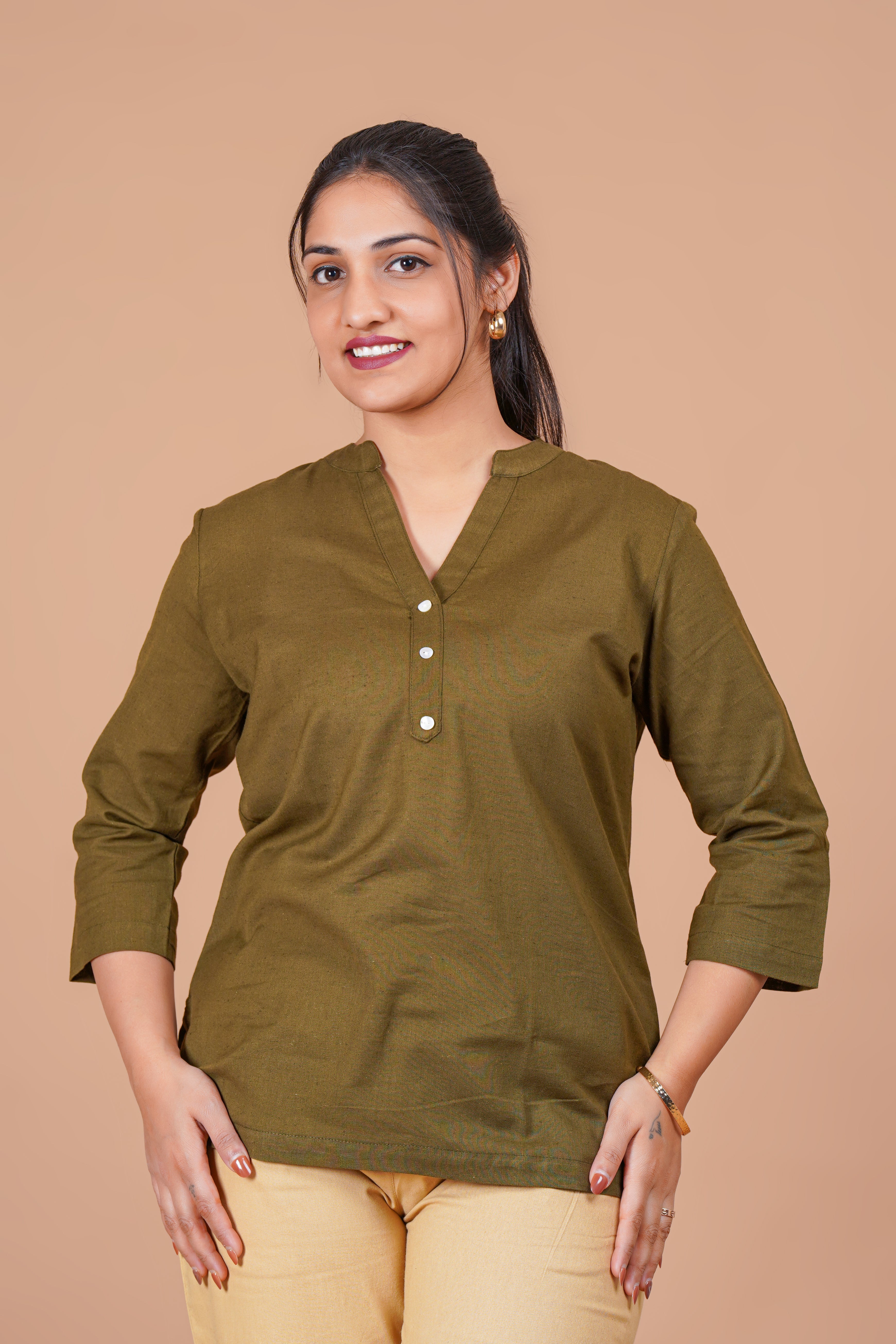Olive Green EasyFlow Linen Cotton Short Kurti