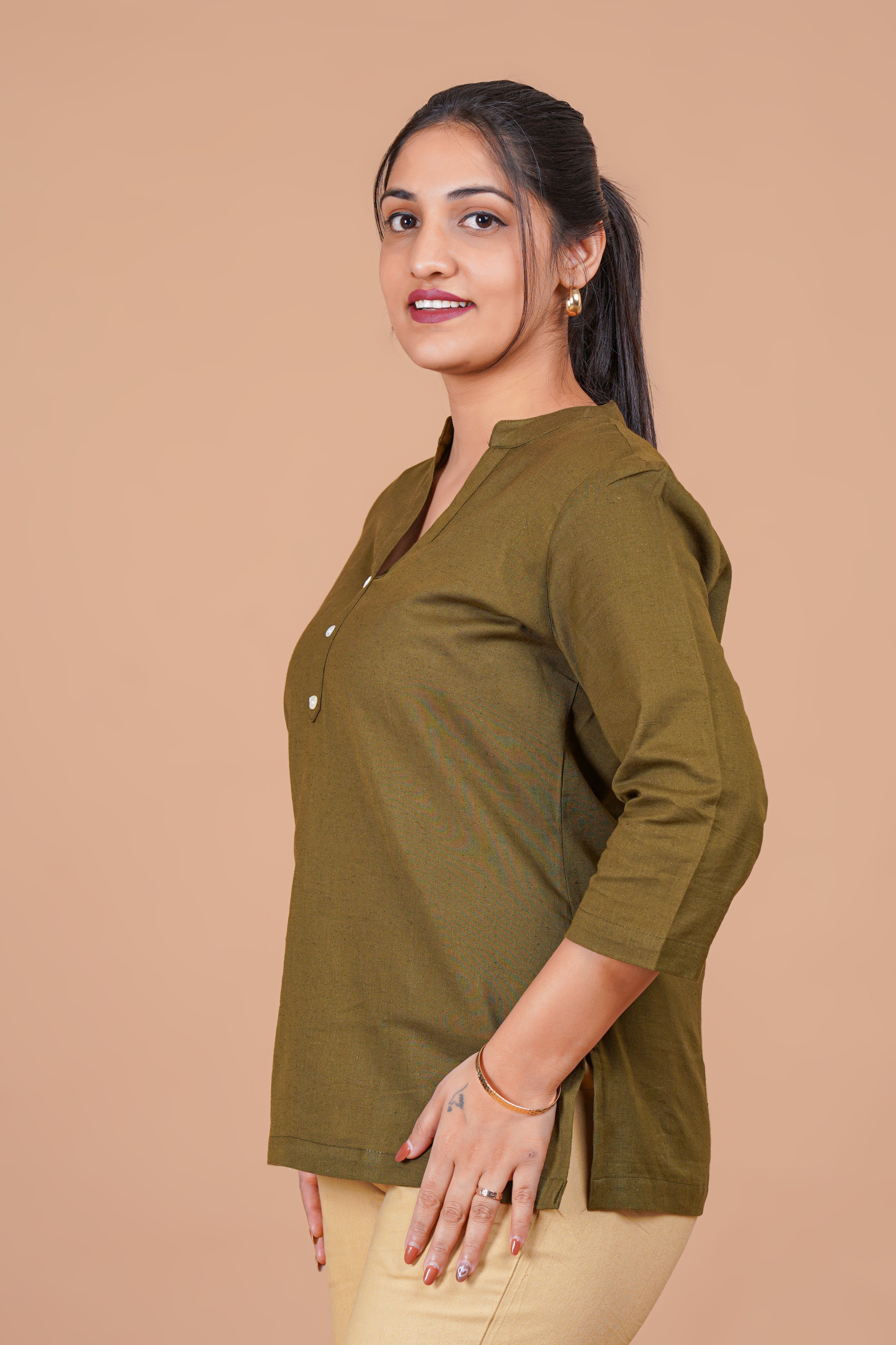 Olive Green EasyFlow Linen Cotton Short Kurti