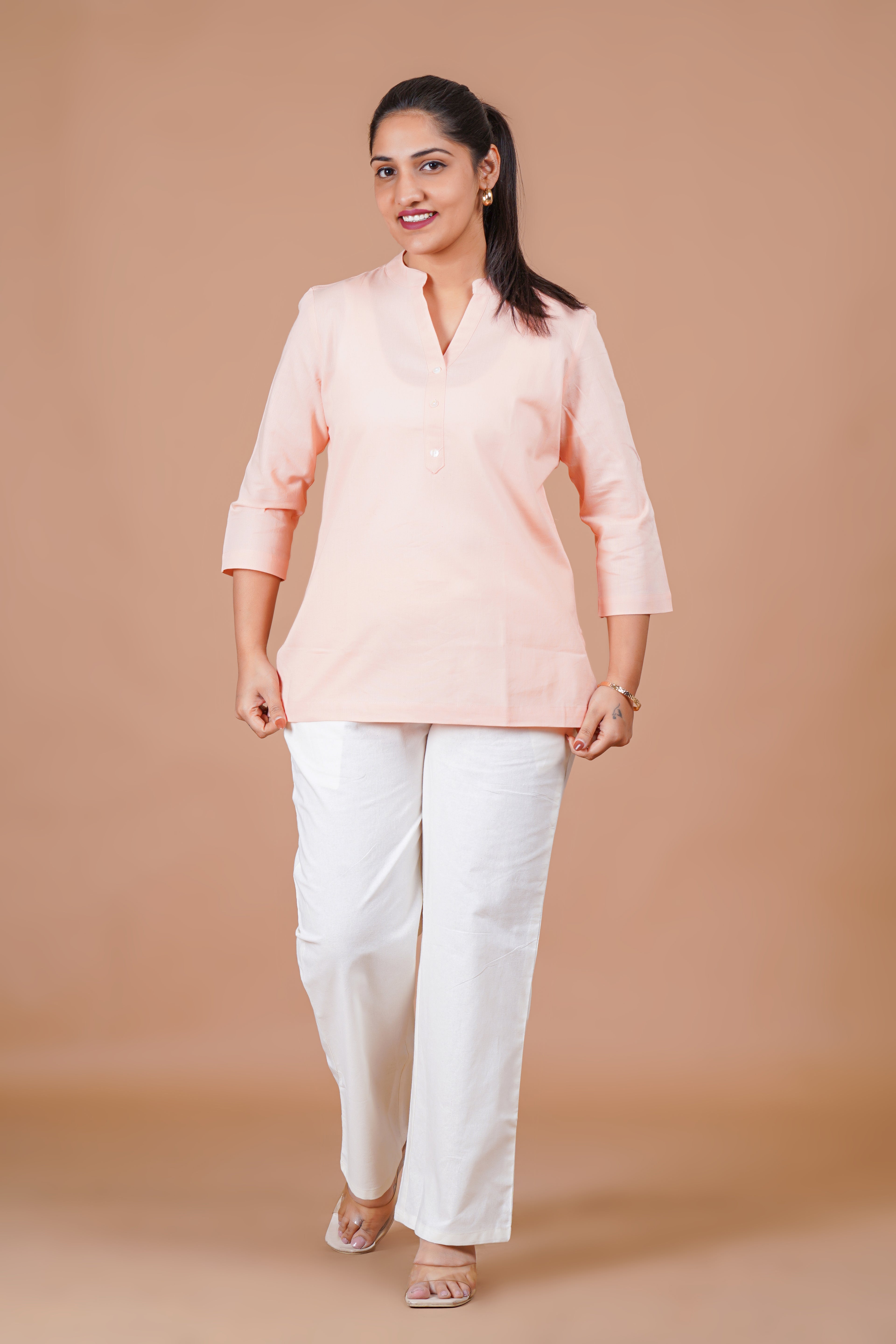 Peach EasyFlow Linen Cotton Short Kurti
