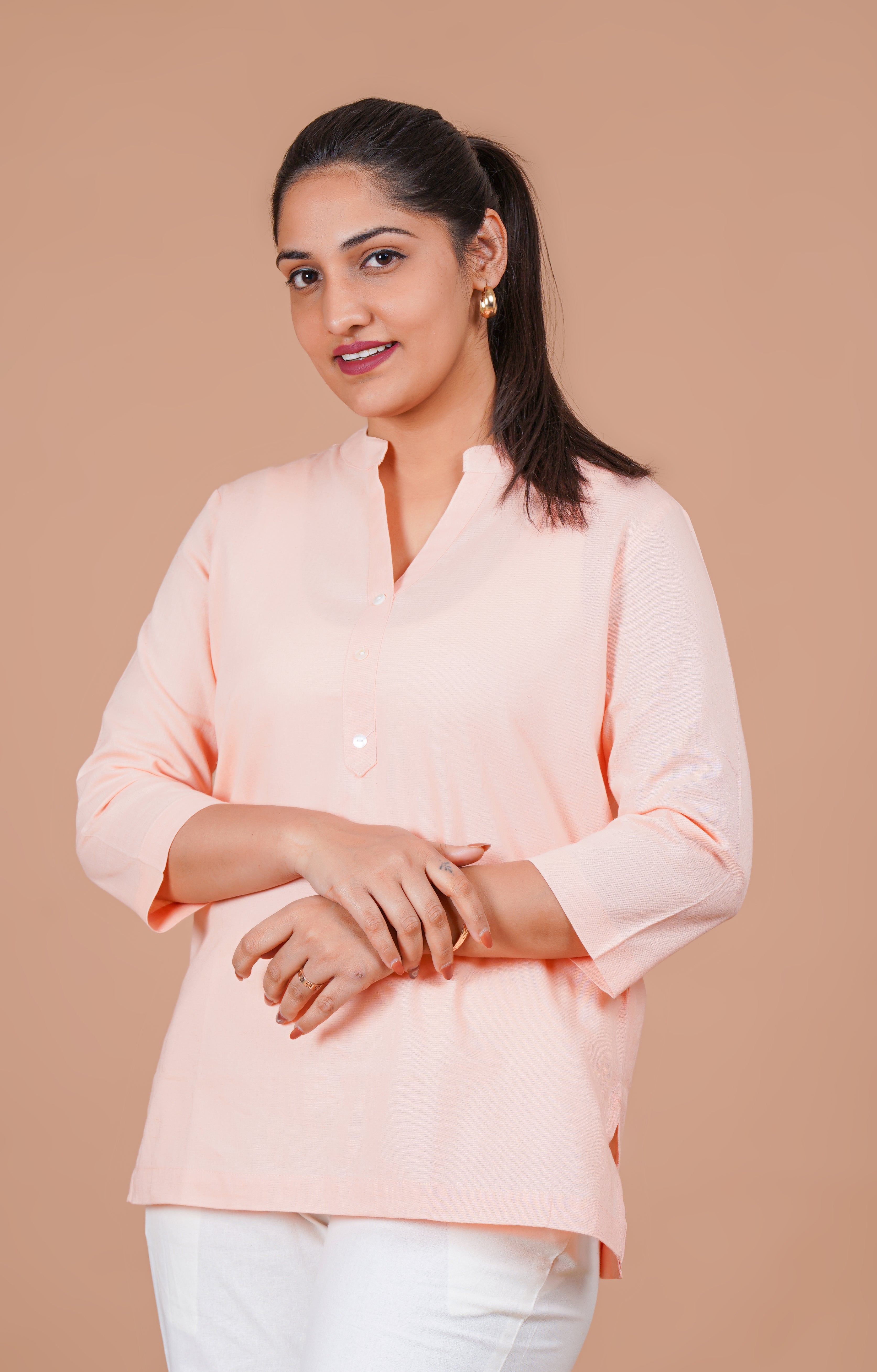 Peach EasyFlow Linen Cotton Short Kurti