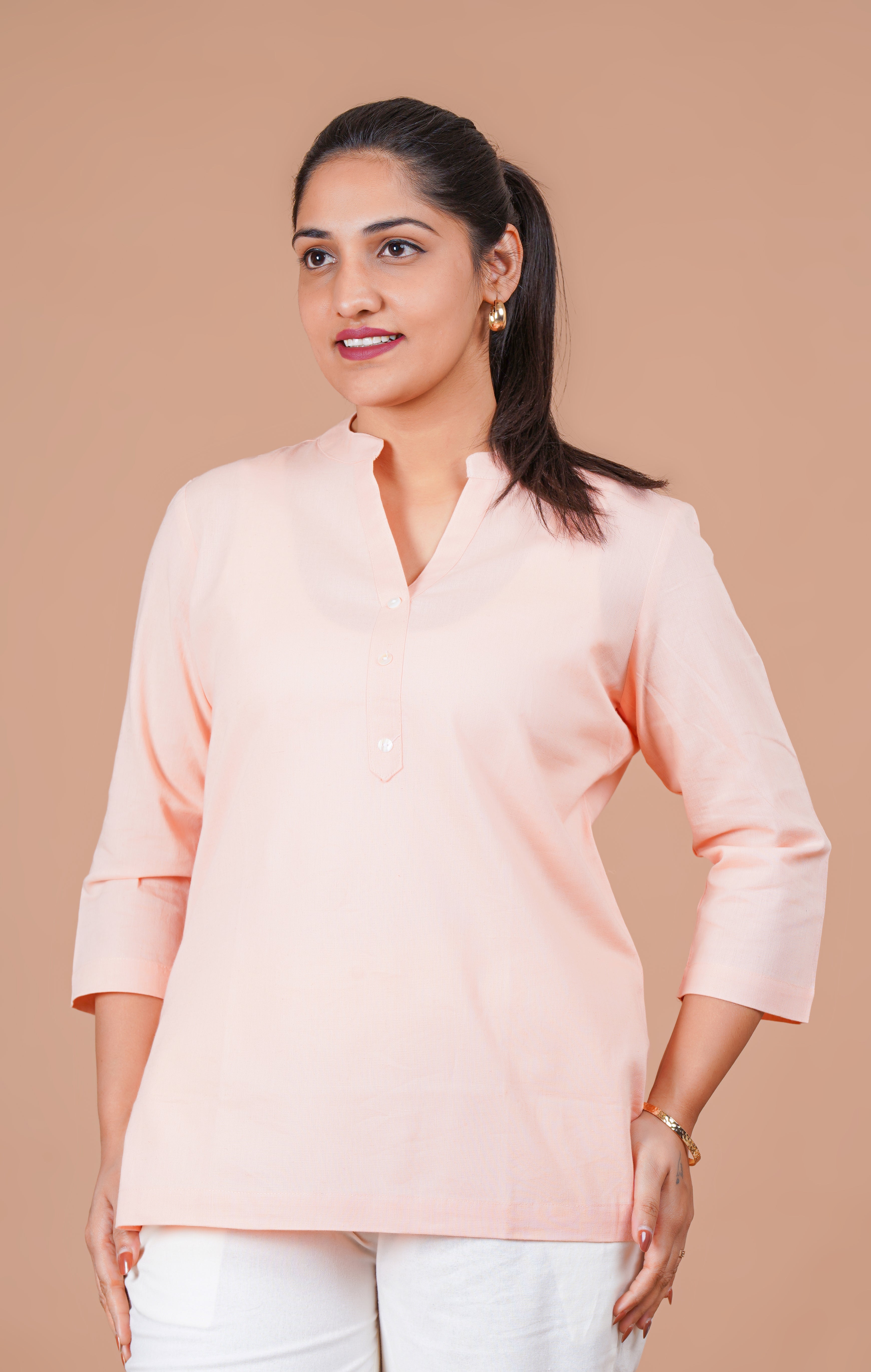 Peach EasyFlow Linen Cotton Short Kurti