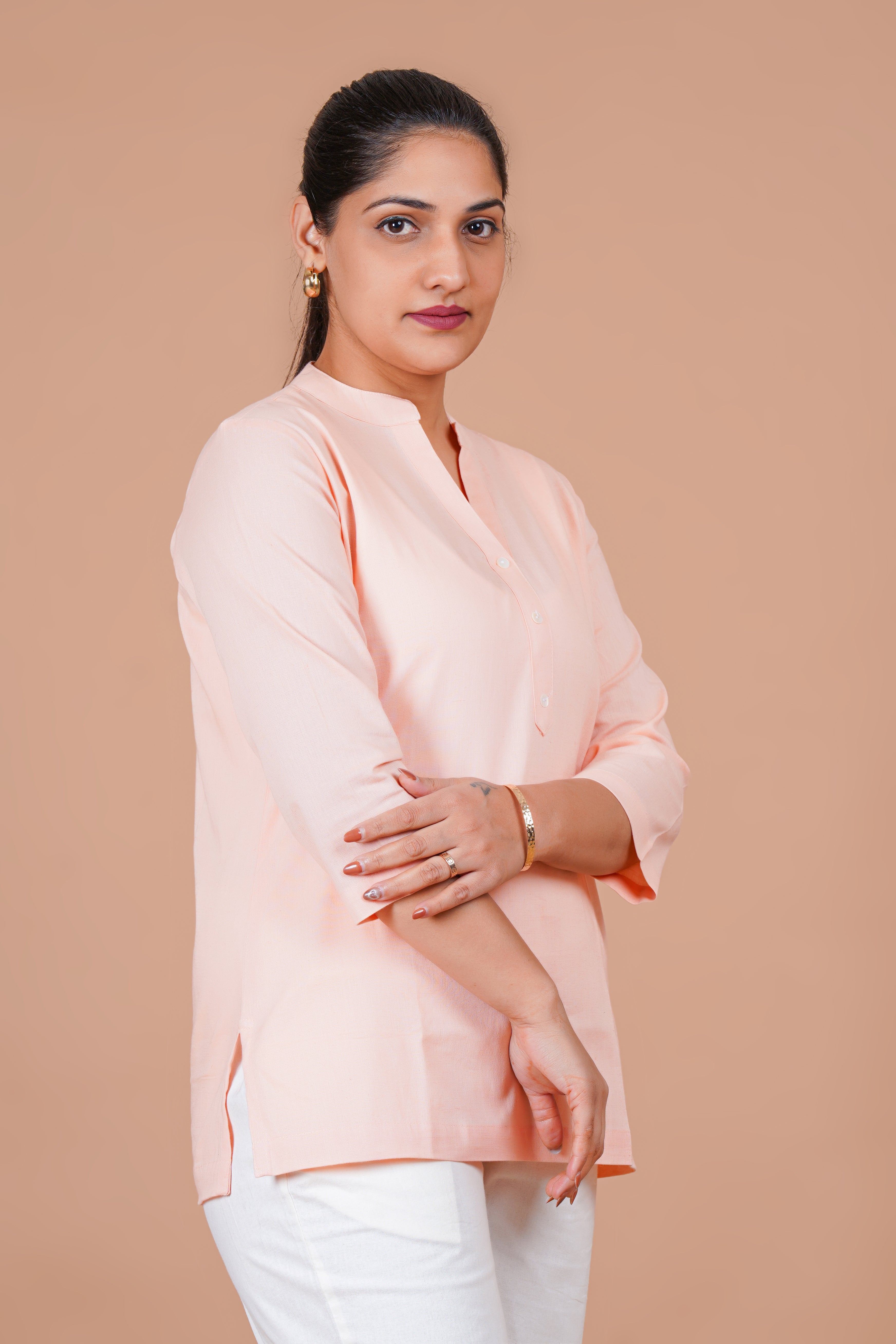 Peach EasyFlow Linen Cotton Short Kurti