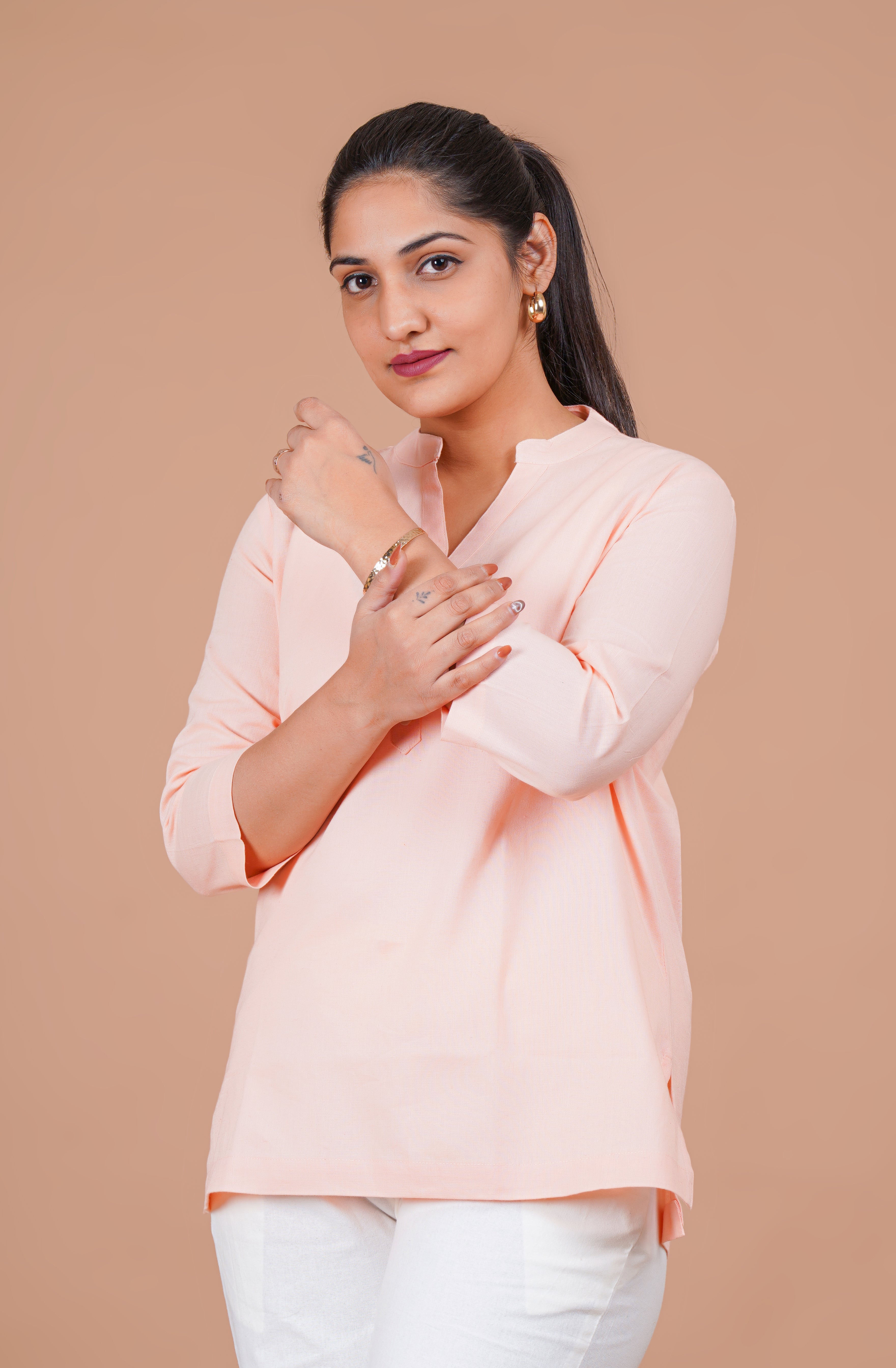 Peach EasyFlow Linen Cotton Short Kurti