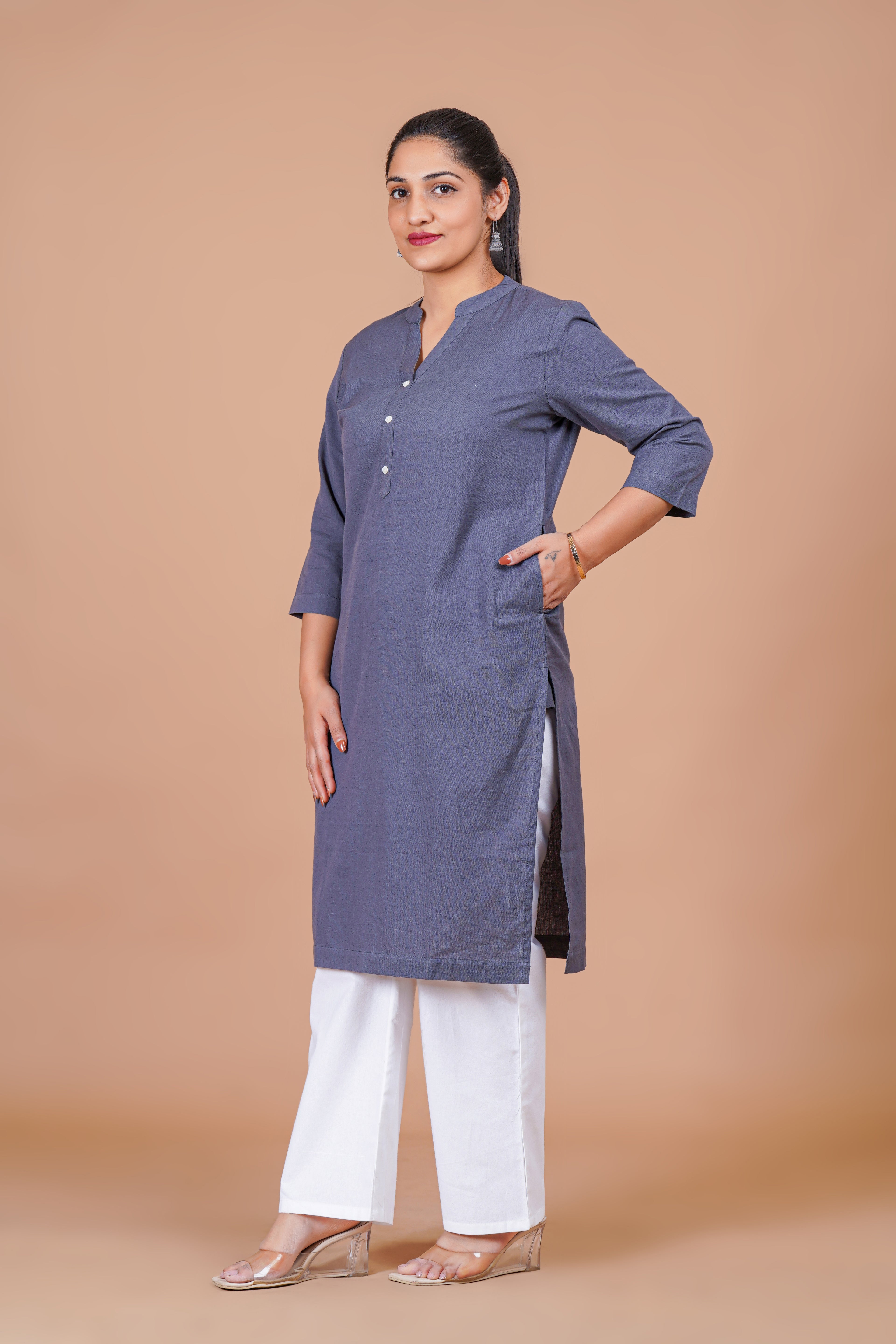 Slate Grey  EasyFlow Linen Cotton Long Kurta