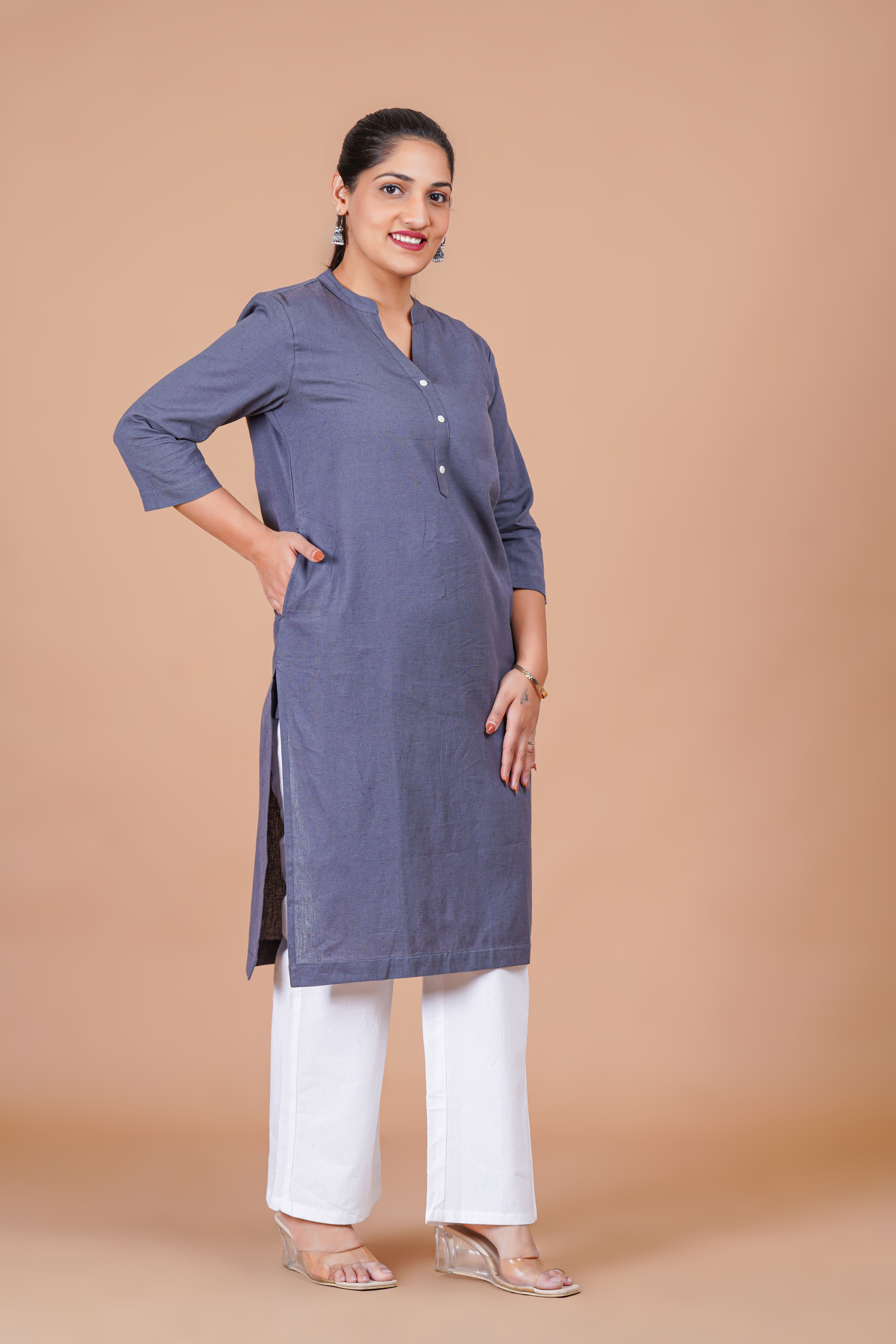 Slate Grey  EasyFlow Linen Cotton Long Kurta