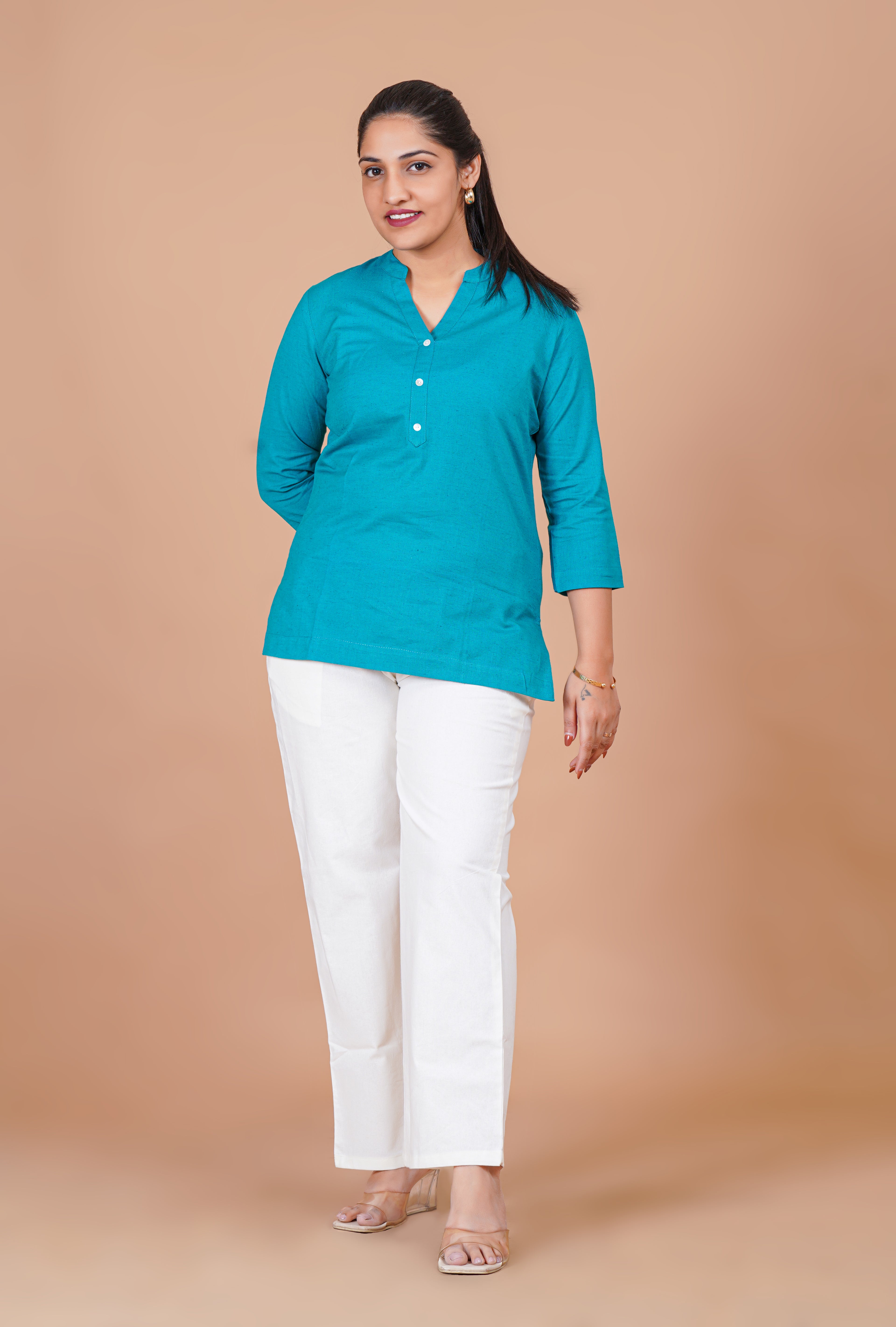Teal Blue EasyFlow Linen Cotton Short Kurti