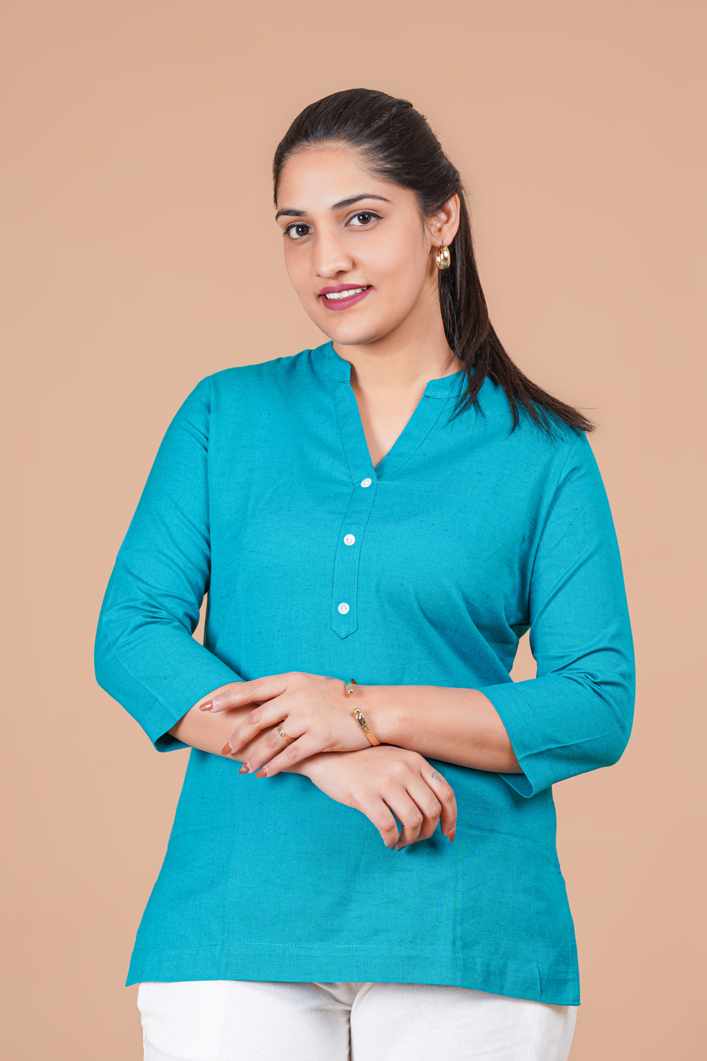 Teal Blue EasyFlow Linen Cotton Short Kurti