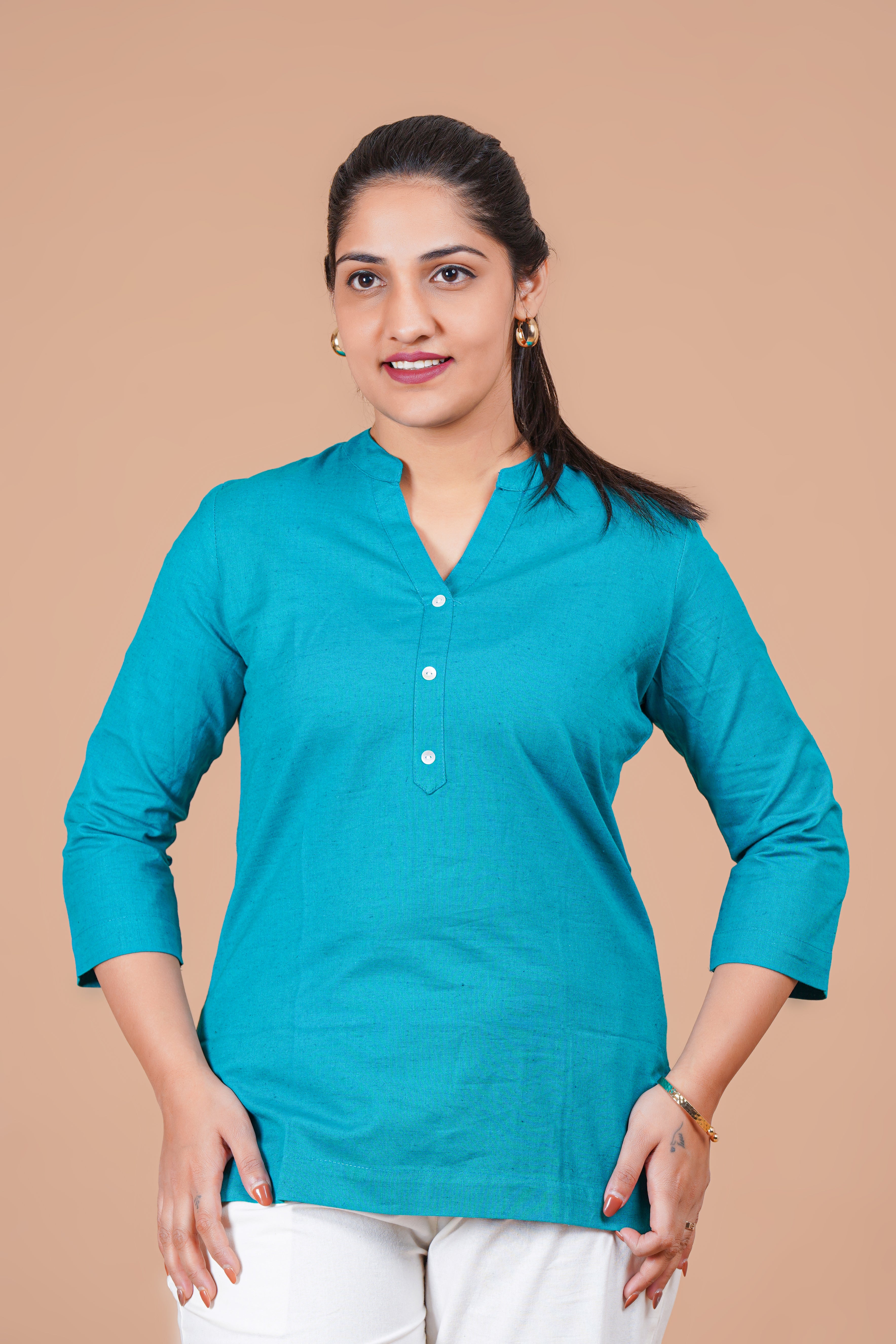 Teal Blue EasyFlow Linen Cotton Short Kurti