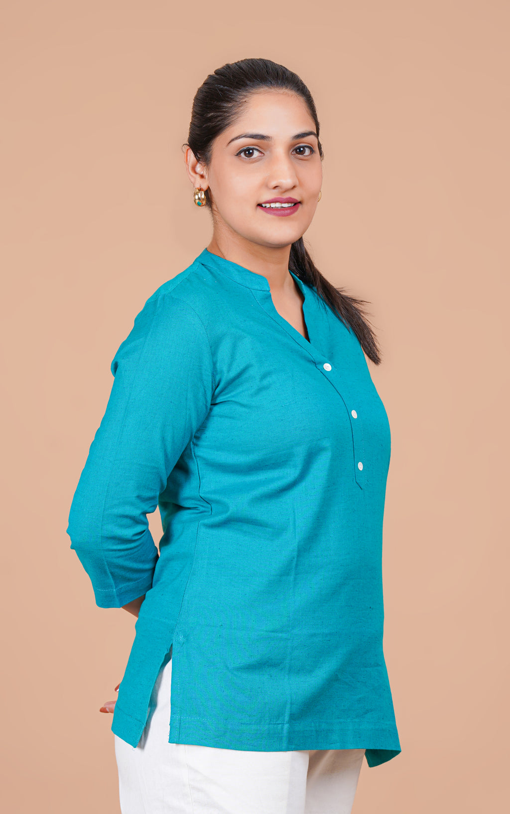 Teal Blue EasyFlow Linen Cotton Short Kurti