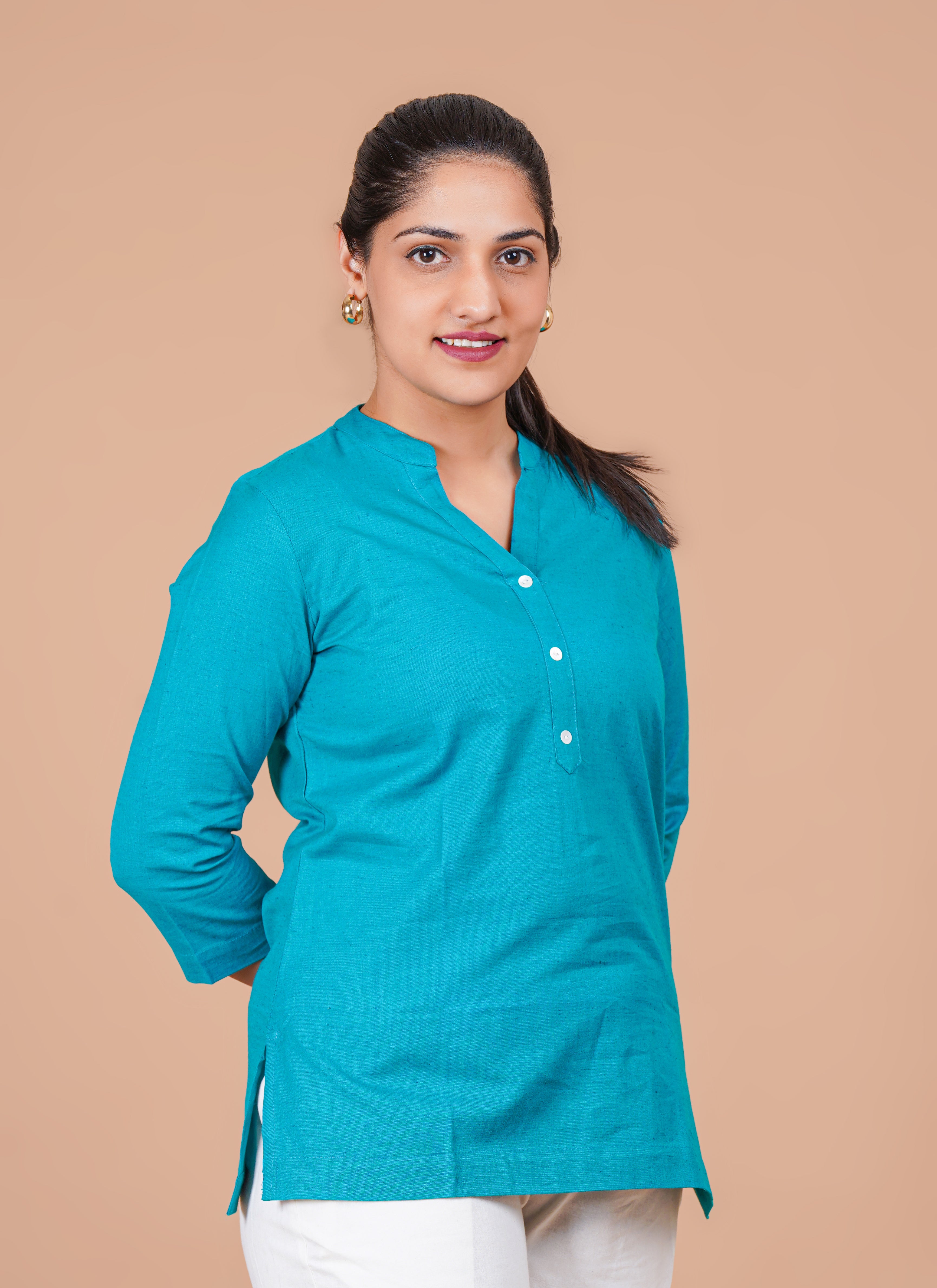 Teal Blue EasyFlow Linen Cotton Short Kurti