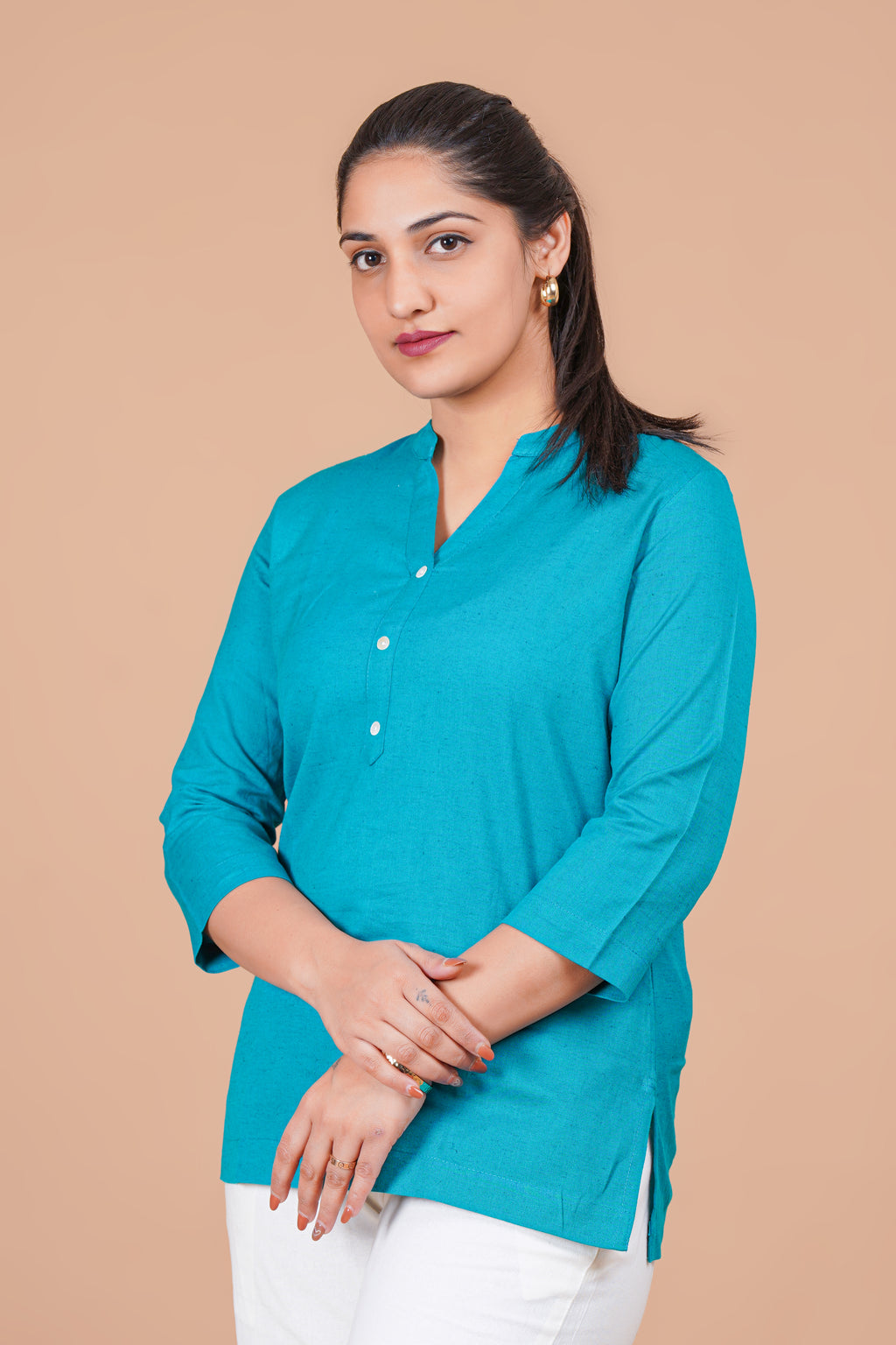 Teal Blue EasyFlow Linen Cotton Short Kurti