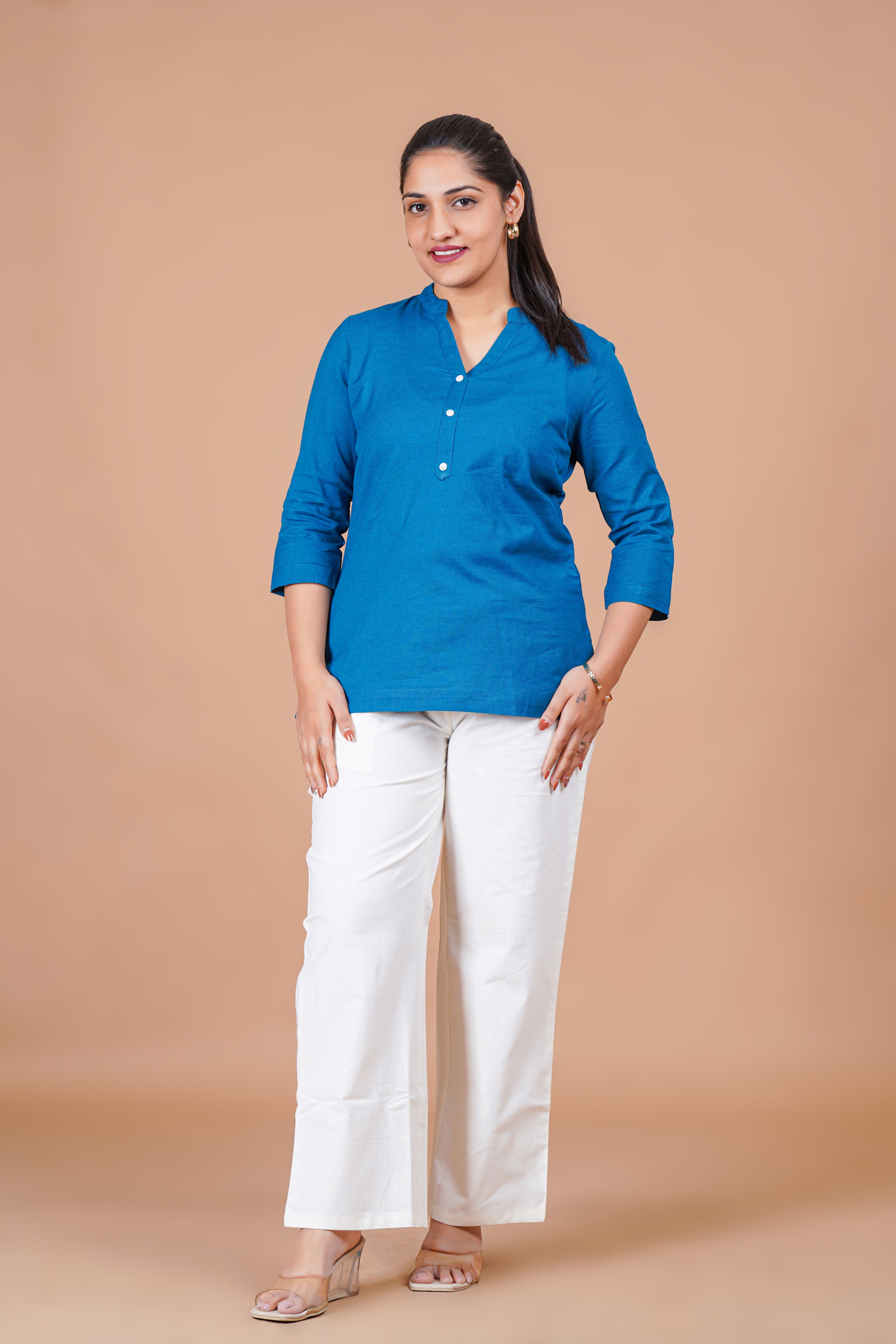 Turquoise Blue EasyFlow Linen Cotton Short Kurti
