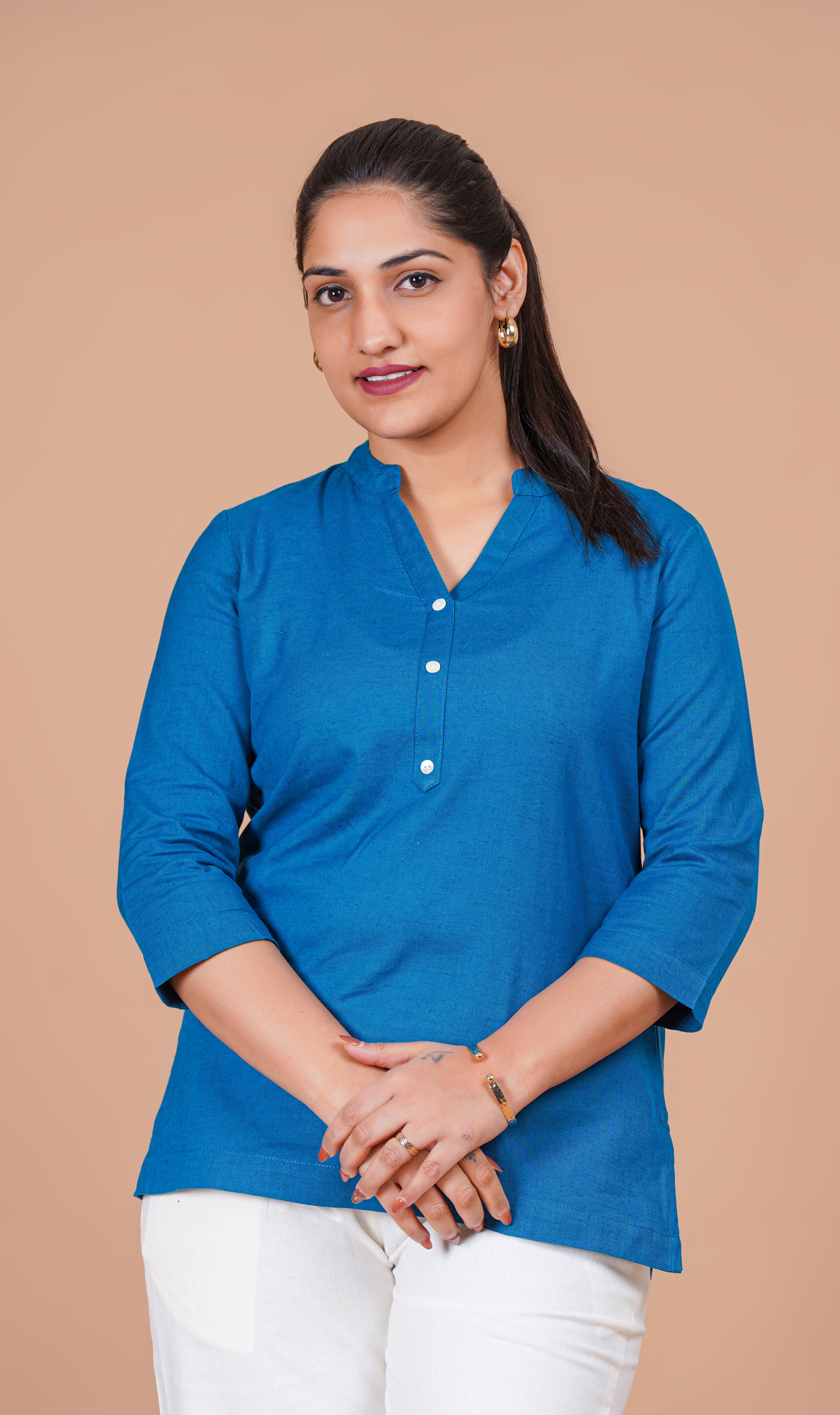 Turquoise Blue EasyFlow Linen Cotton Short Kurti