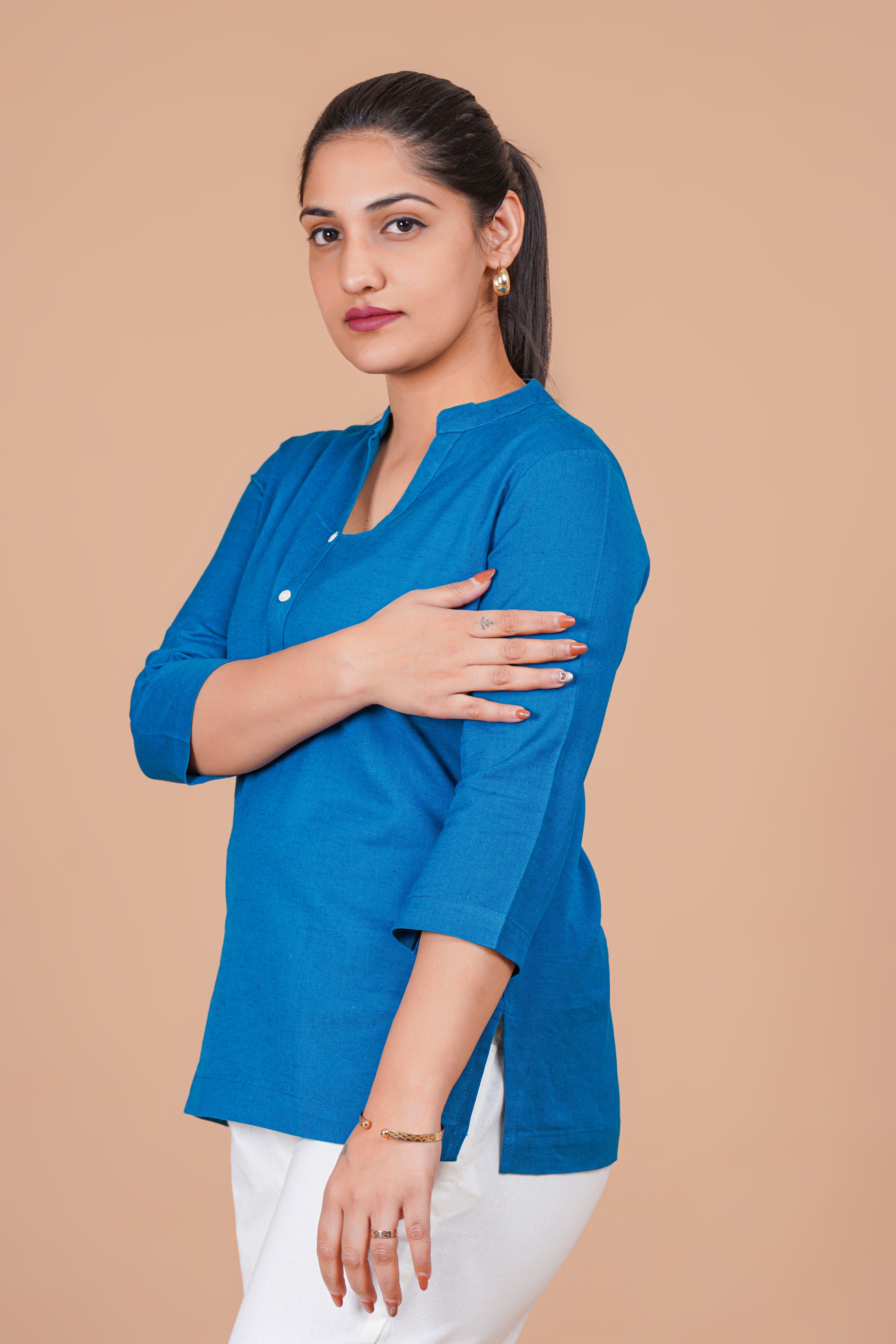 Turquoise Blue EasyFlow Linen Cotton Short Kurti