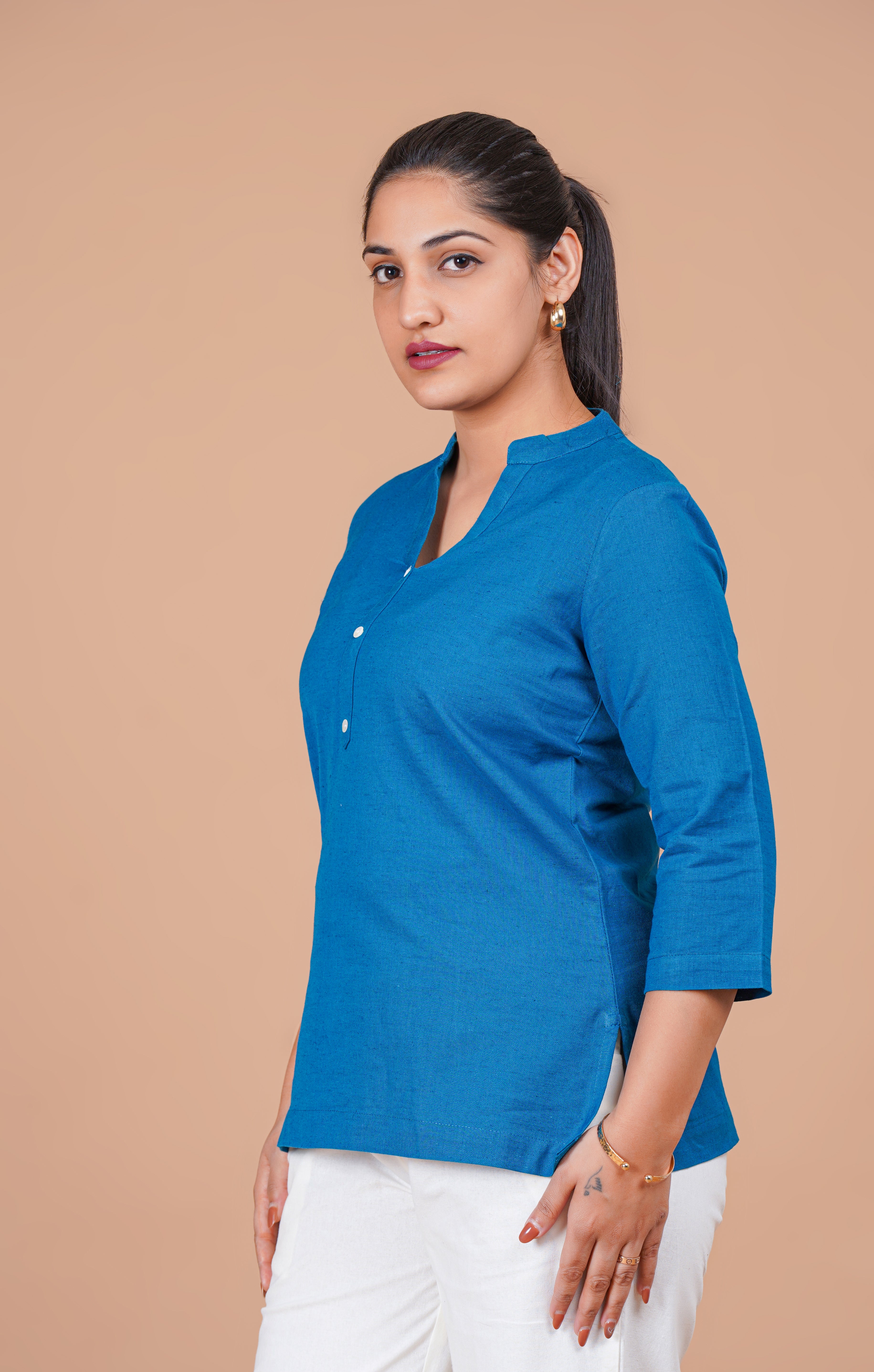 Turquoise Blue EasyFlow Linen Cotton Short Kurti