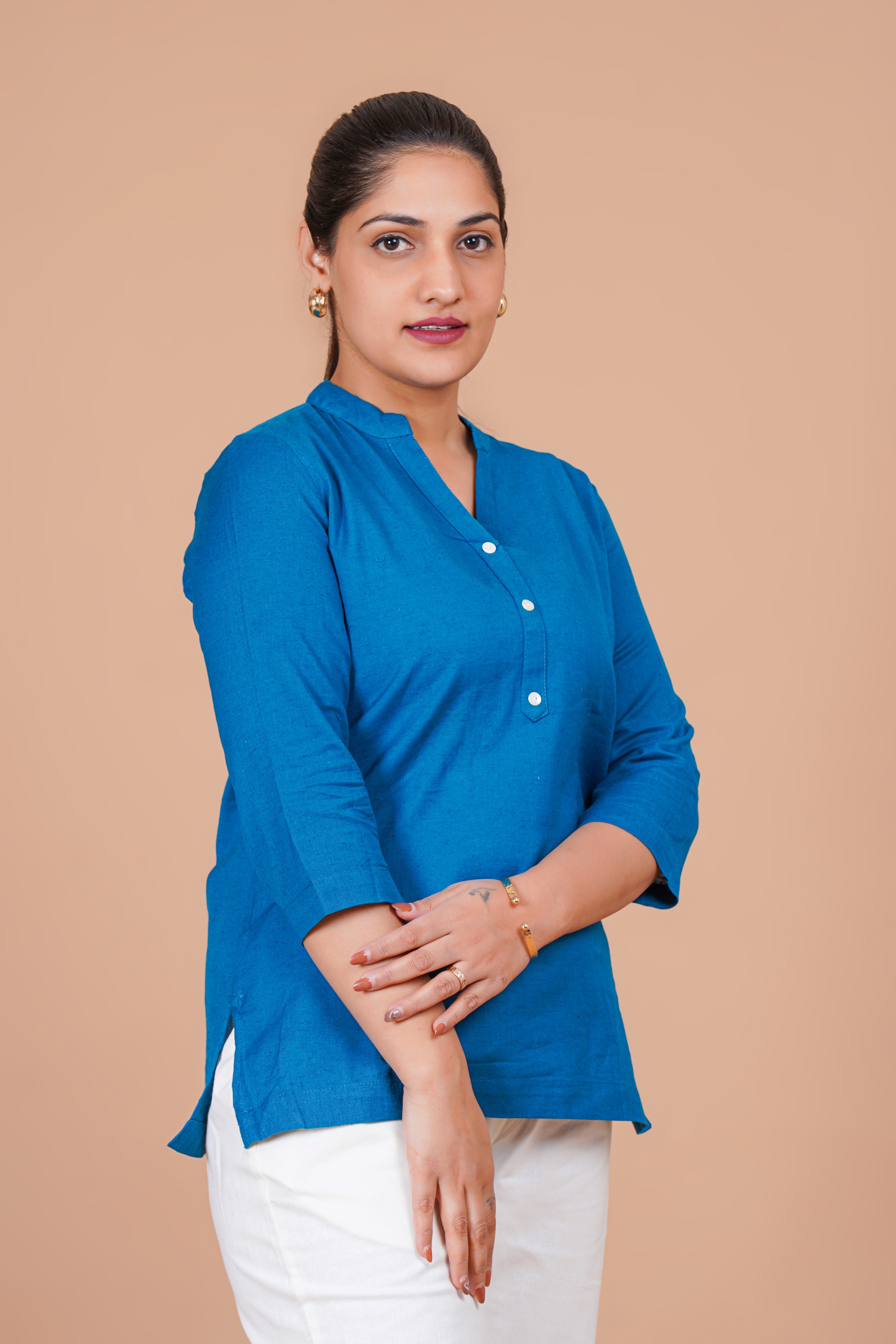 Turquoise Blue EasyFlow Linen Cotton Short Kurti