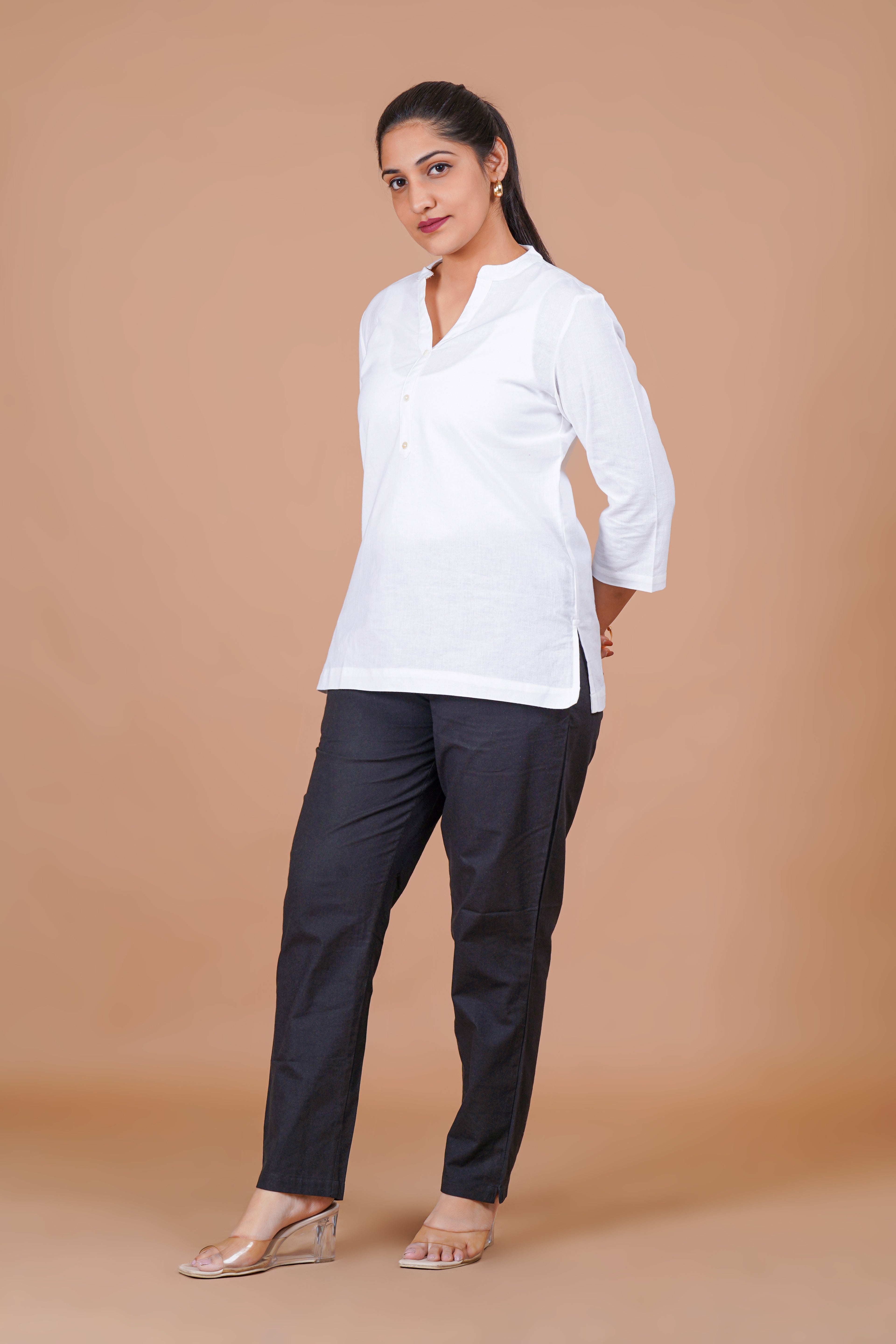 White EasyFlow Linen Cotton Short Kurti