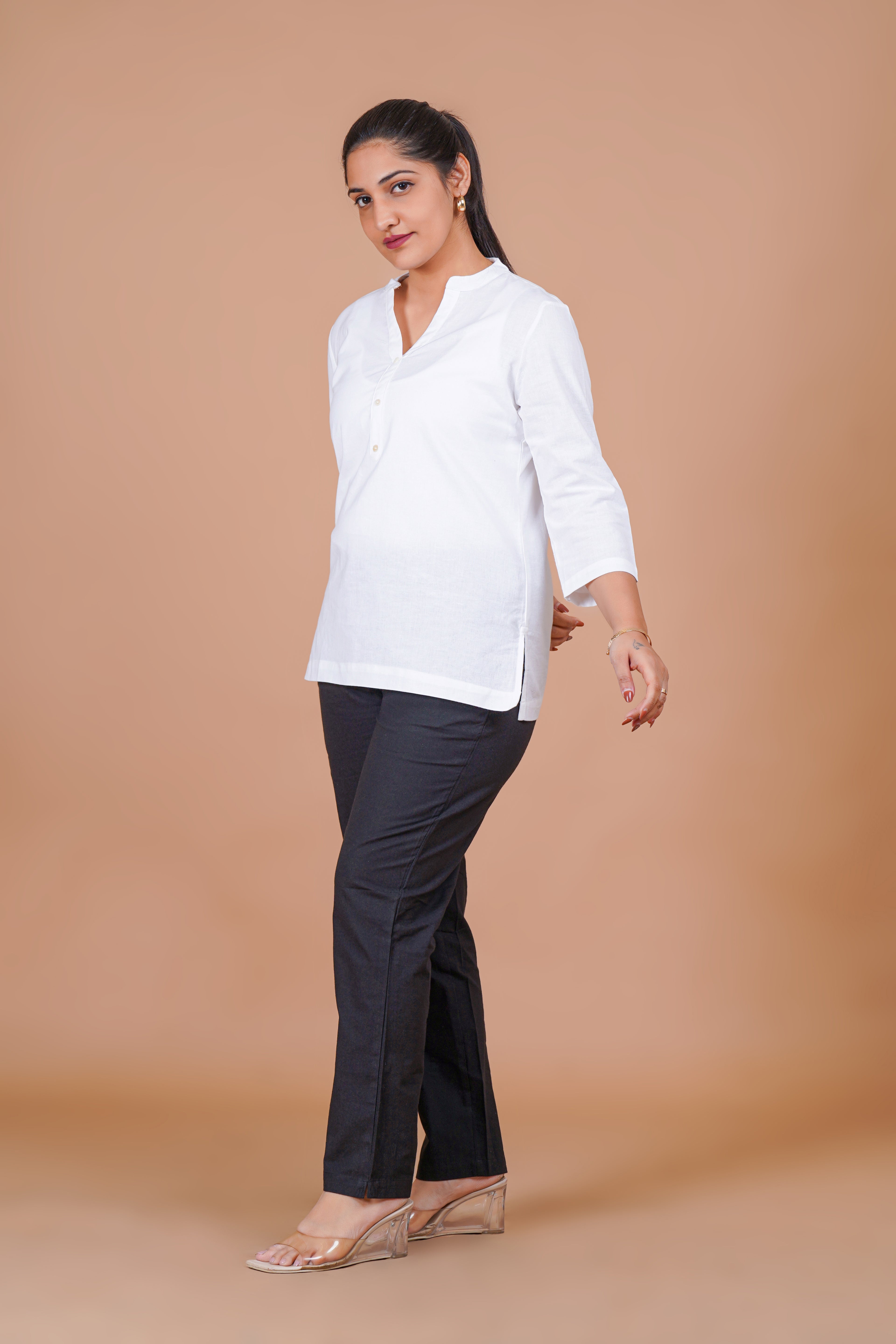 White EasyFlow Linen Cotton Short Kurti