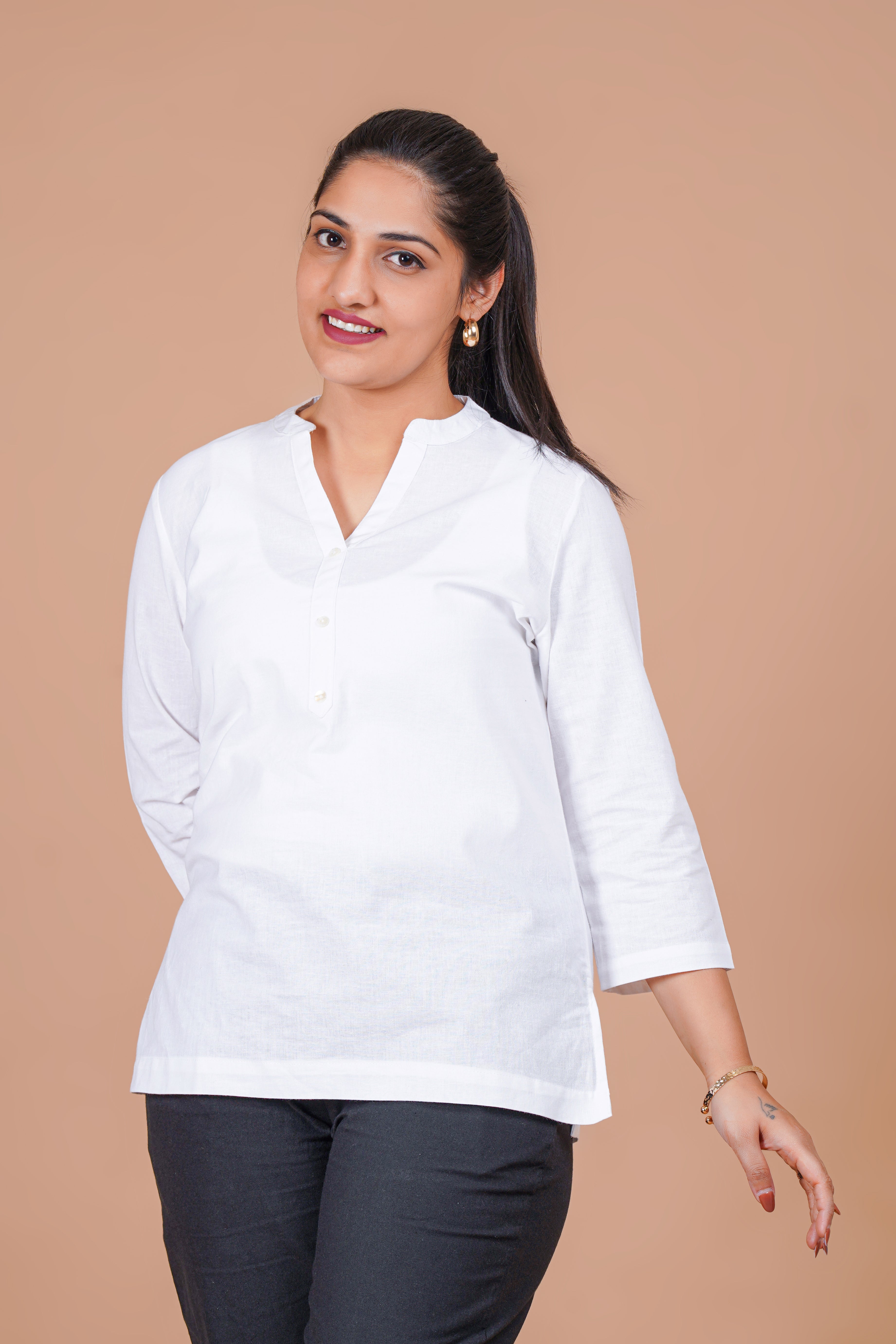 White EasyFlow Linen Cotton Short Kurti