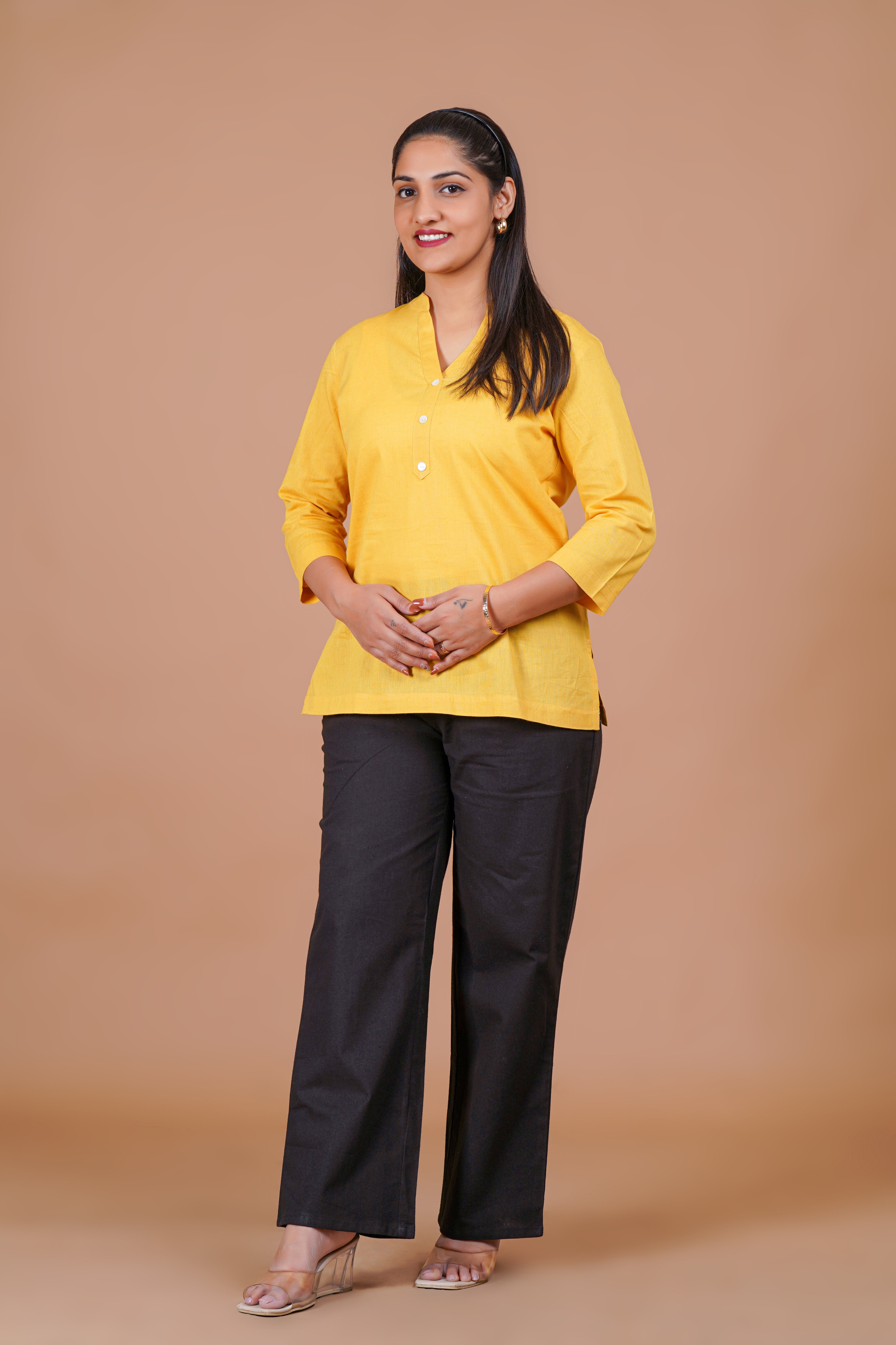 Yellow EasyFlow Linen Cotton Short Kurti