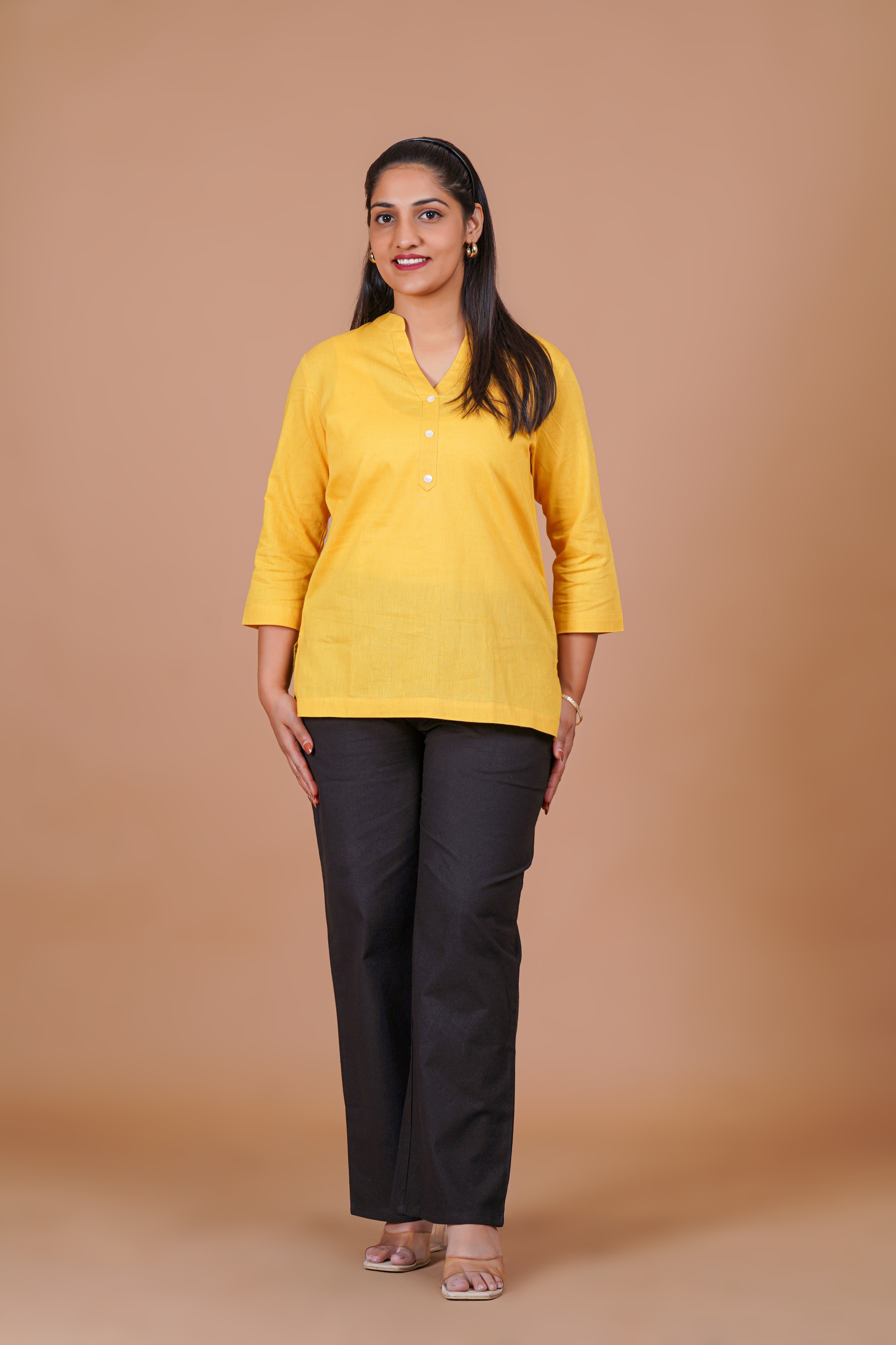 Yellow EasyFlow Linen Cotton Short Kurti