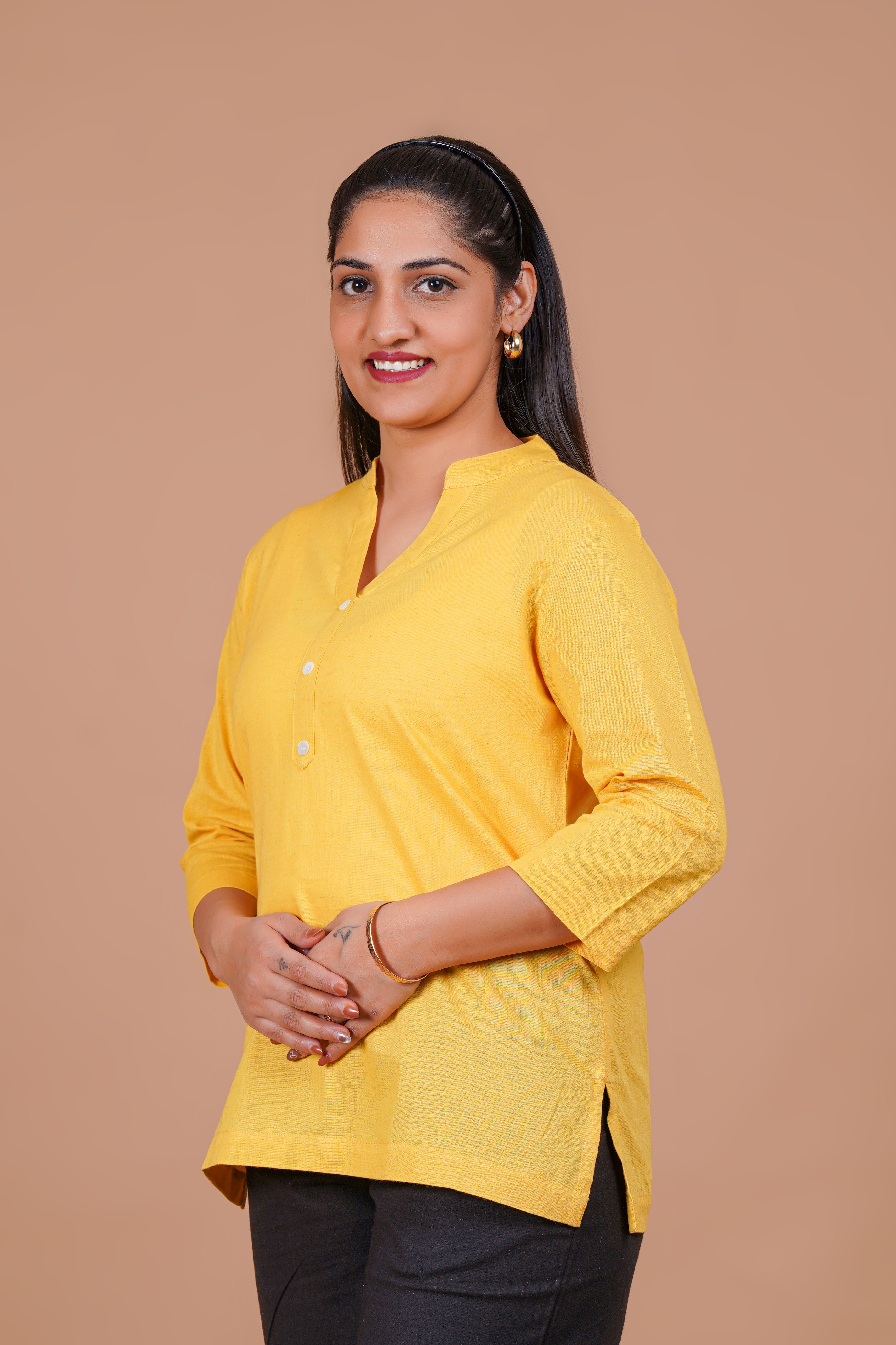 Yellow EasyFlow Linen Cotton Short Kurti