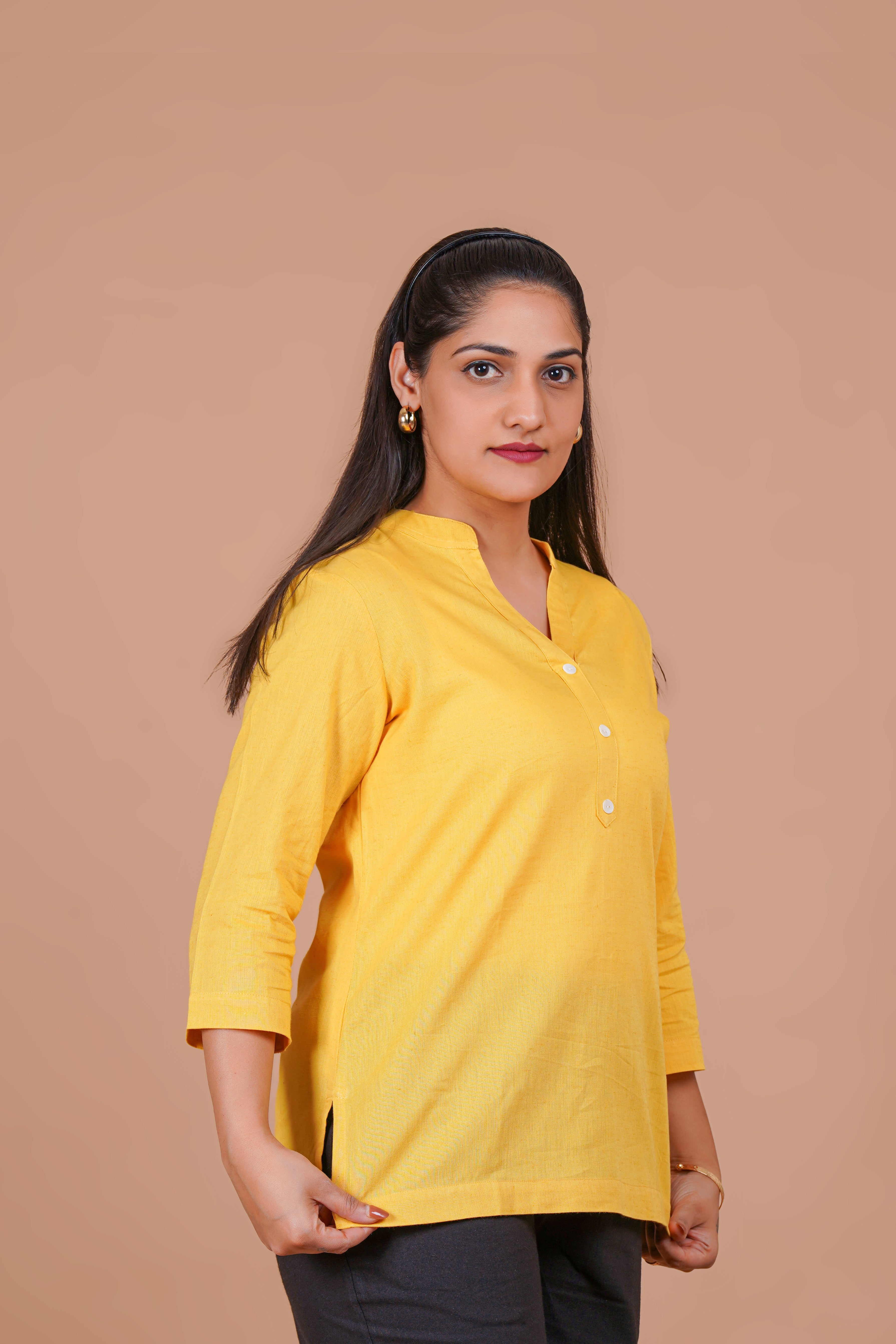 Yellow EasyFlow Linen Cotton Short Kurti