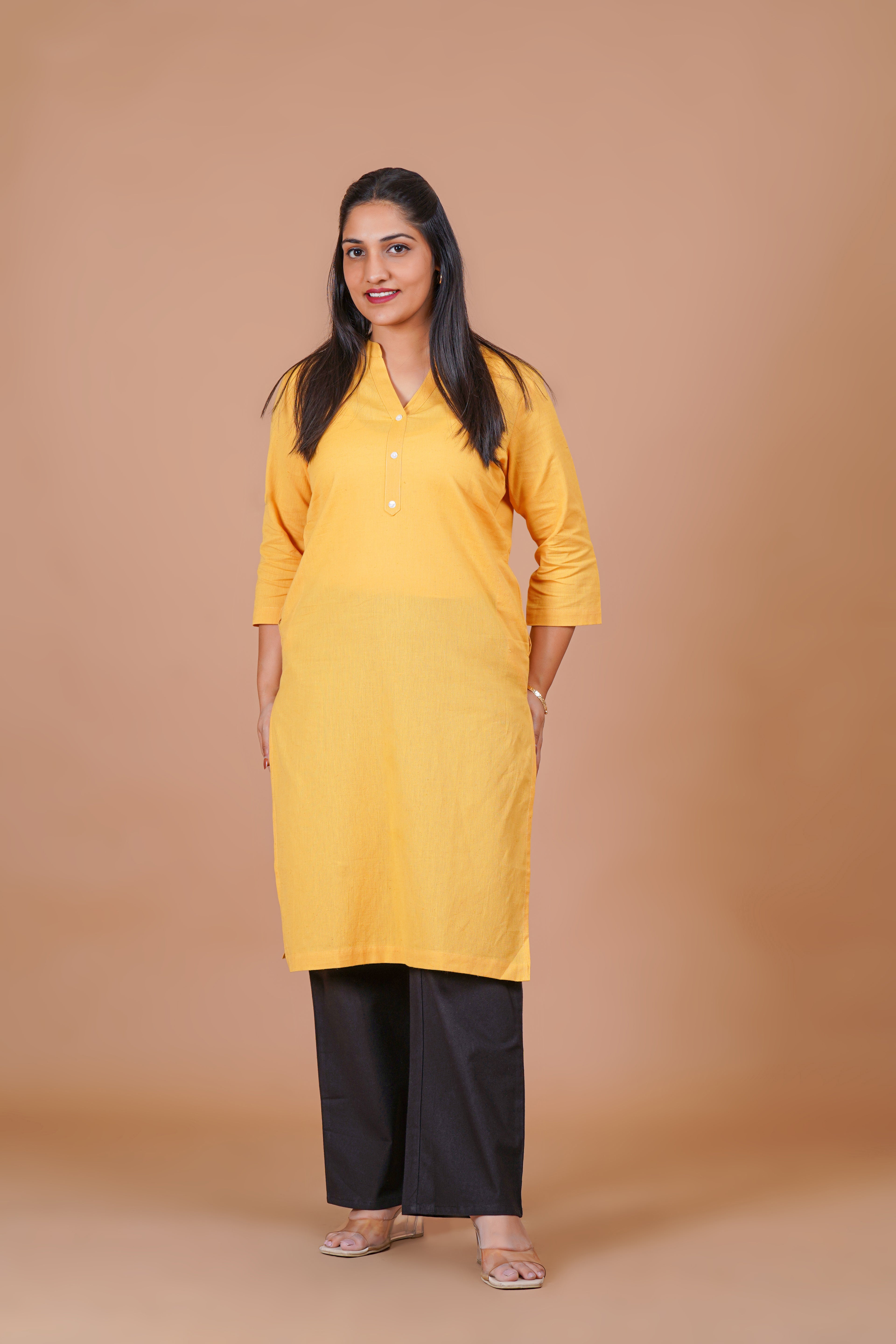 Yellow EasyFlow Linen Cotton Long Kurta