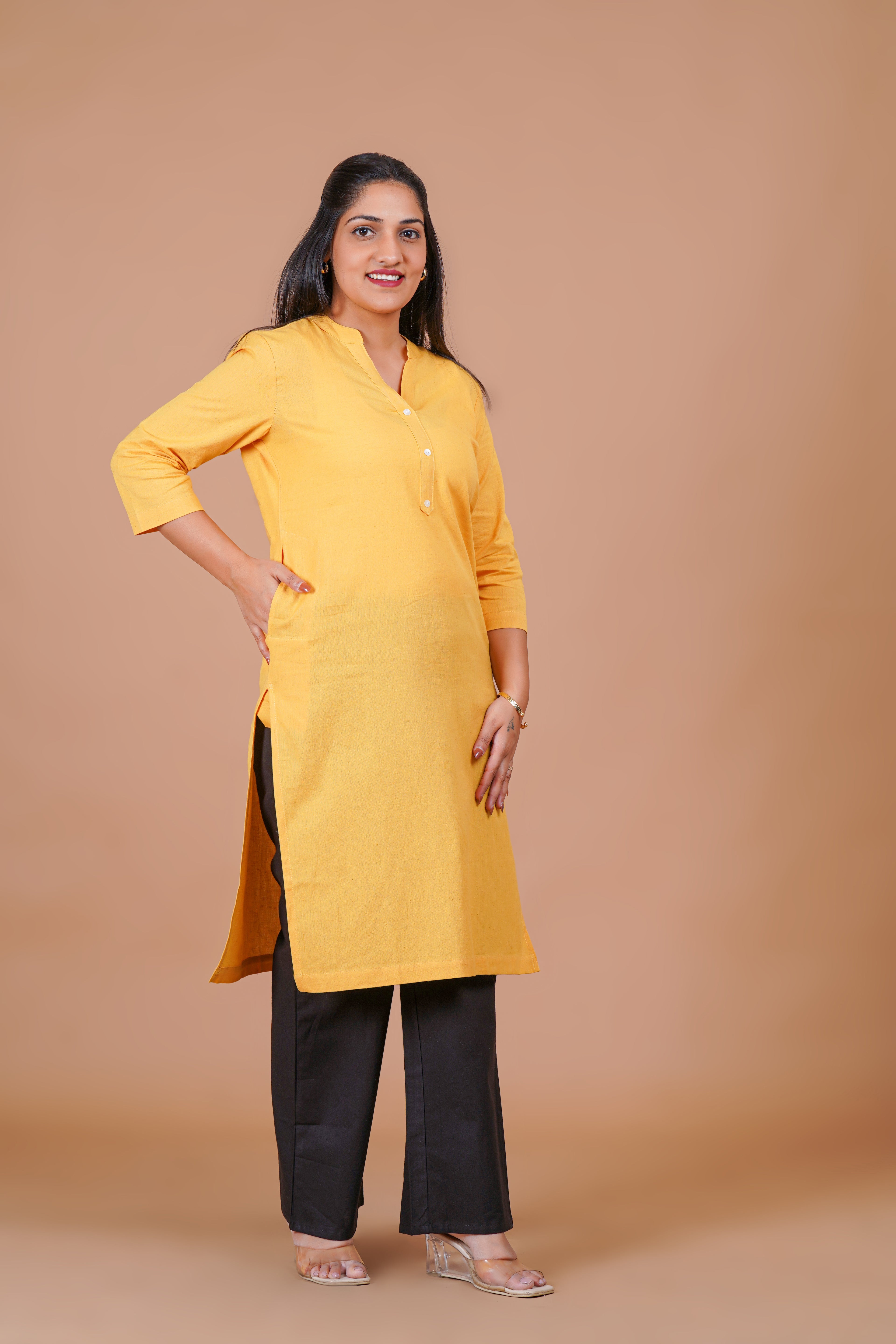 Yellow EasyFlow Linen Cotton Long Kurta