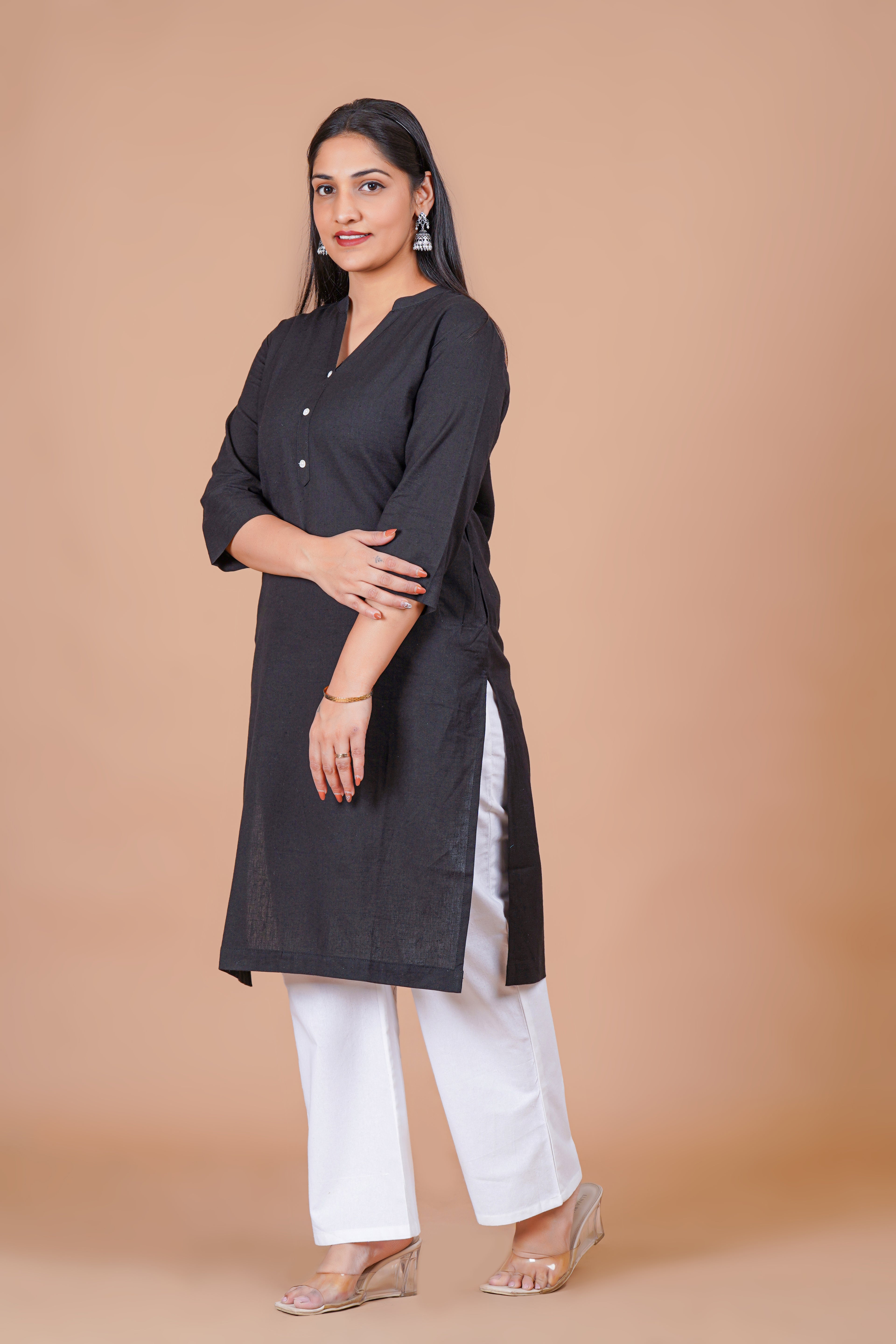 Black EasyFlow Linen Cotton Long Kurta