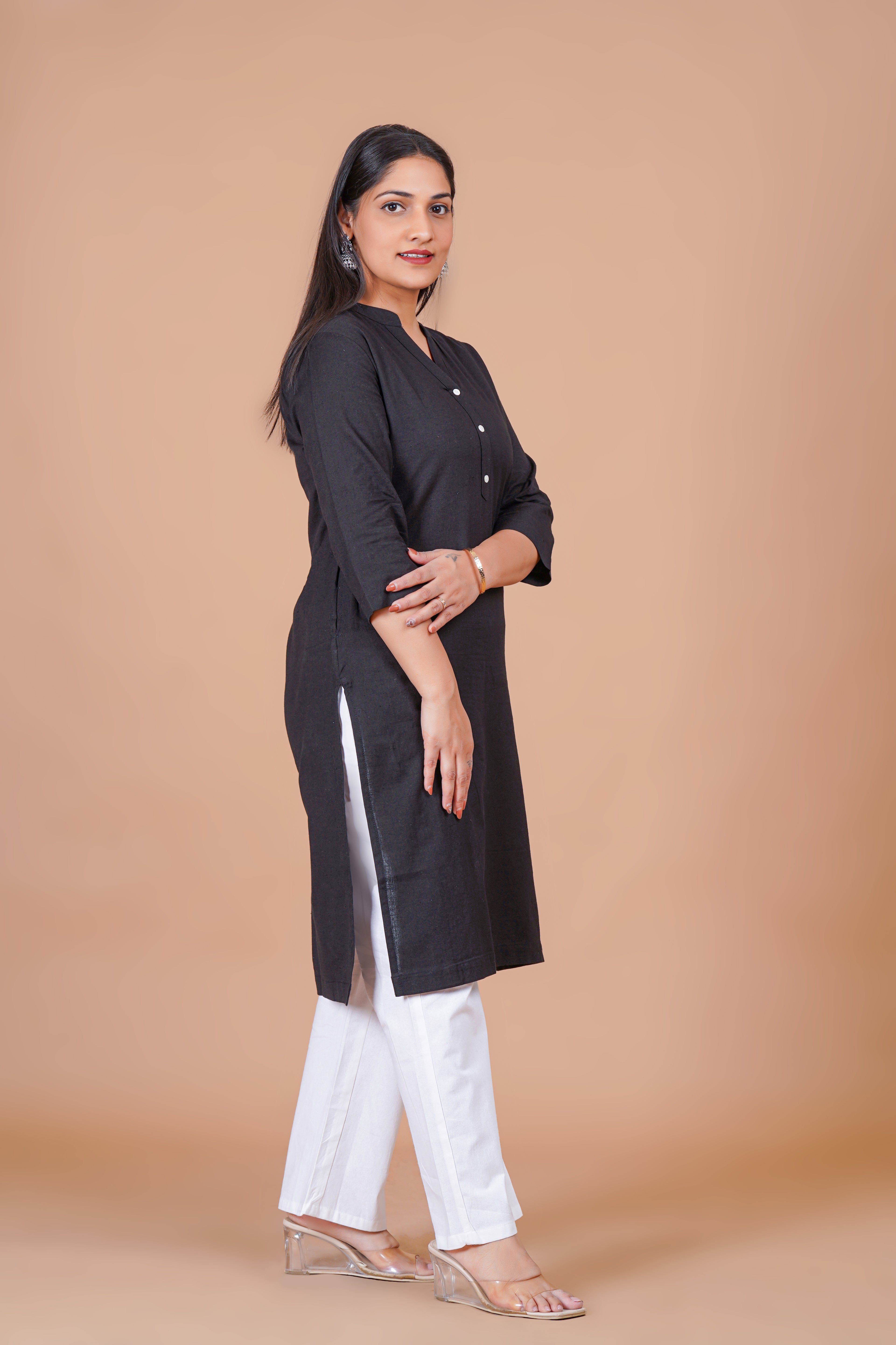 Black EasyFlow Linen Cotton Long Kurta