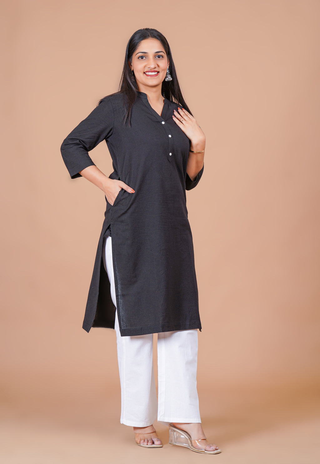 Black EasyFlow Linen Cotton Long Kurta