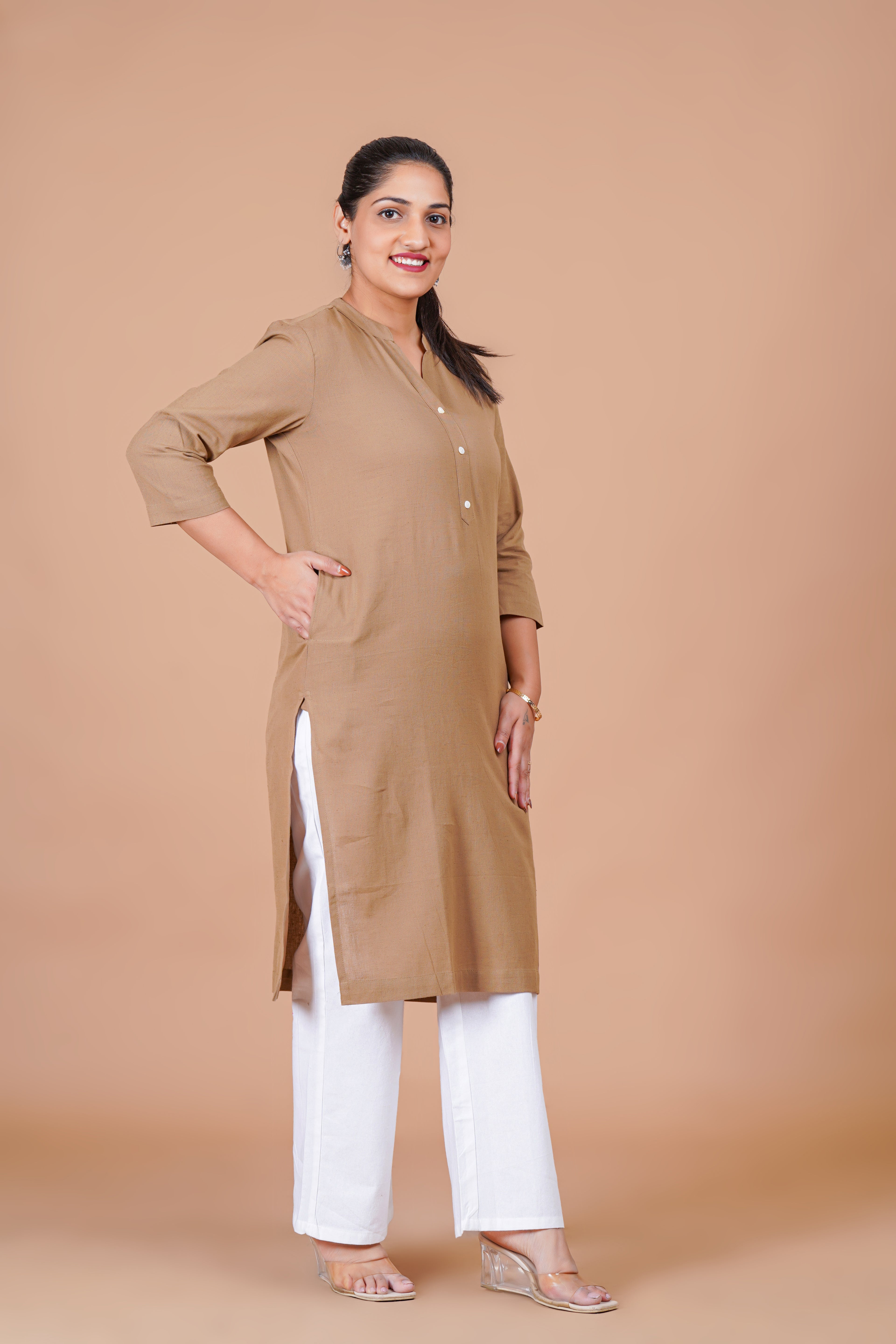 Coffee Brown EasyFlow Linen Cotton Long Kurta