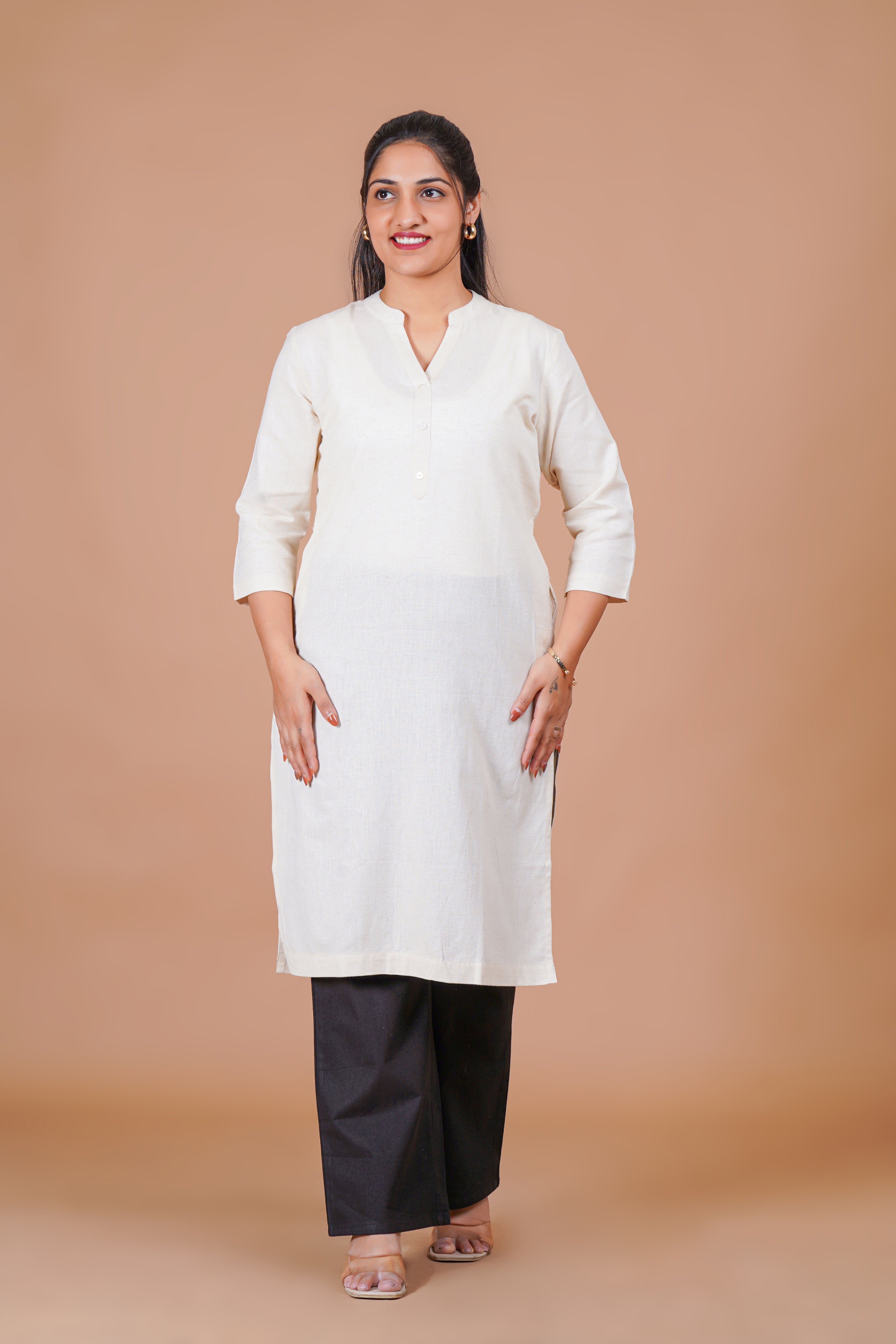 Ecru EasyFlow Linen Cotton Long Kurta