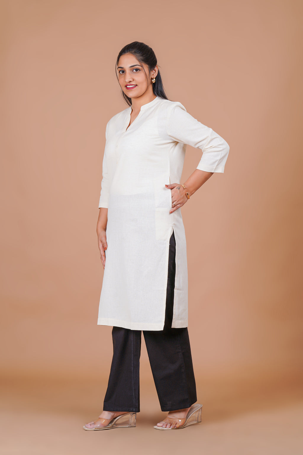 Ecru EasyFlow Linen Cotton Long Kurta