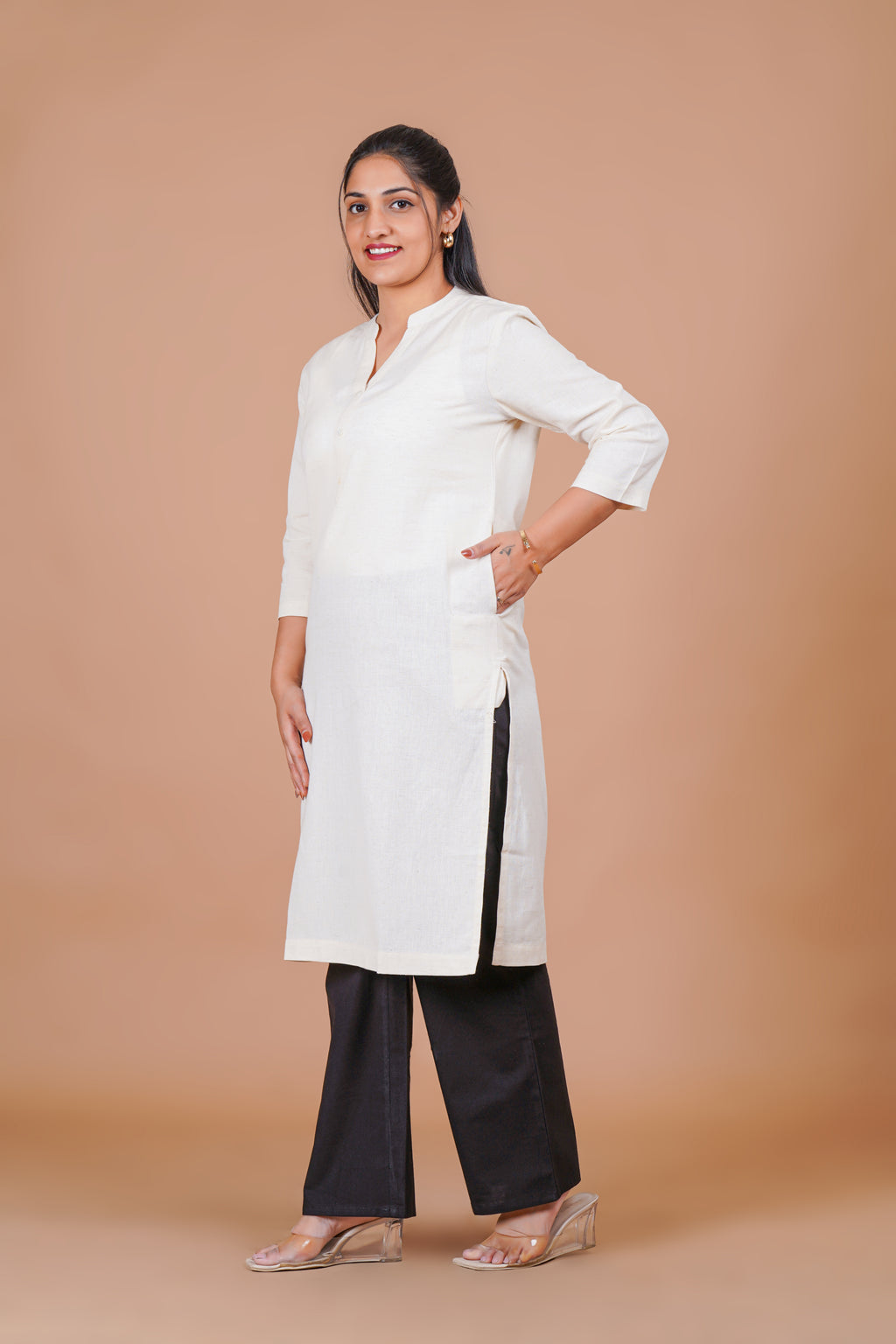 Ecru EasyFlow Linen Cotton Long Kurta