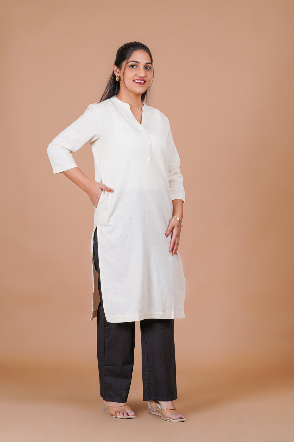 Ecru EasyFlow Linen Cotton Long Kurta