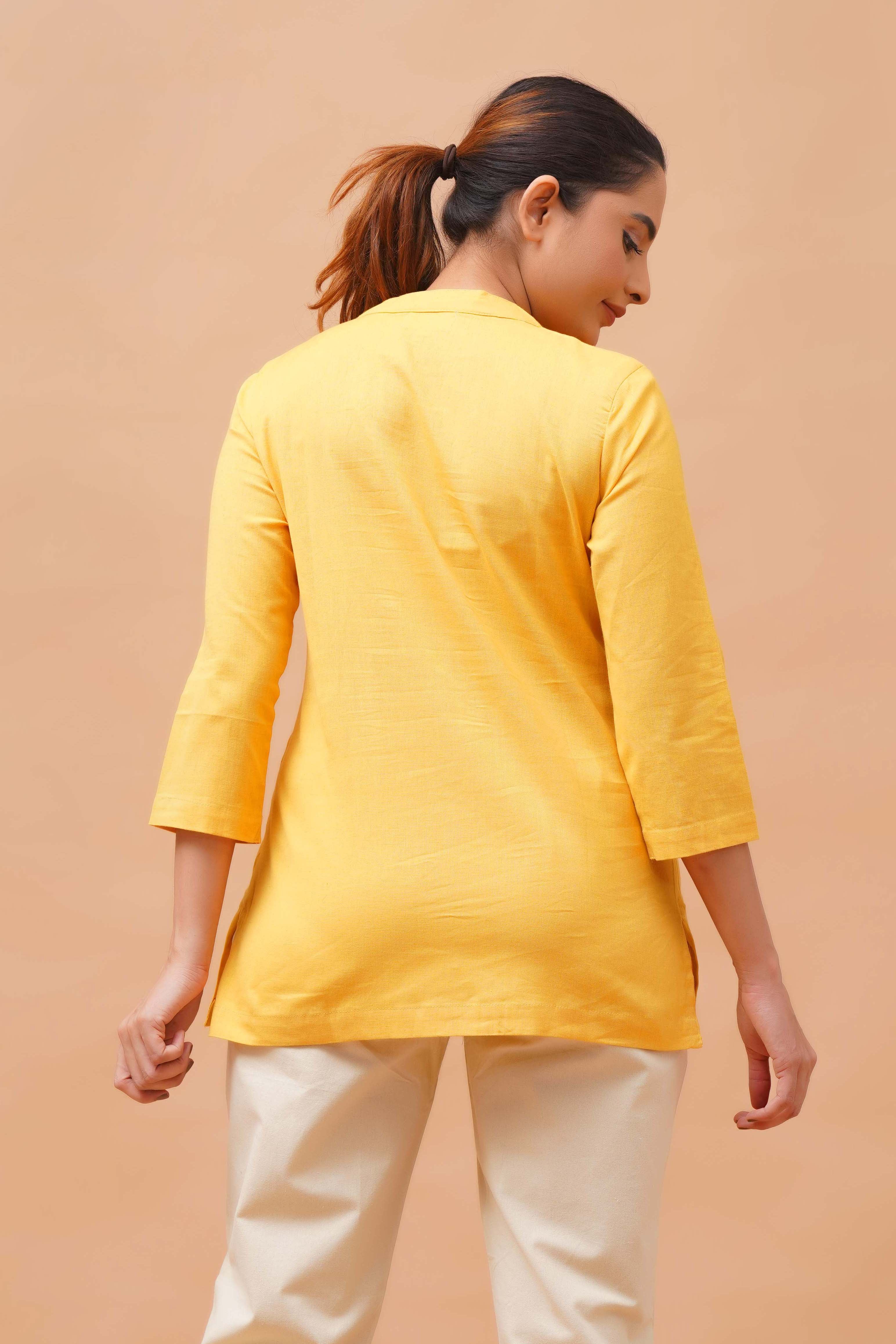 Harrozz Cotton Short Kurta Yellow