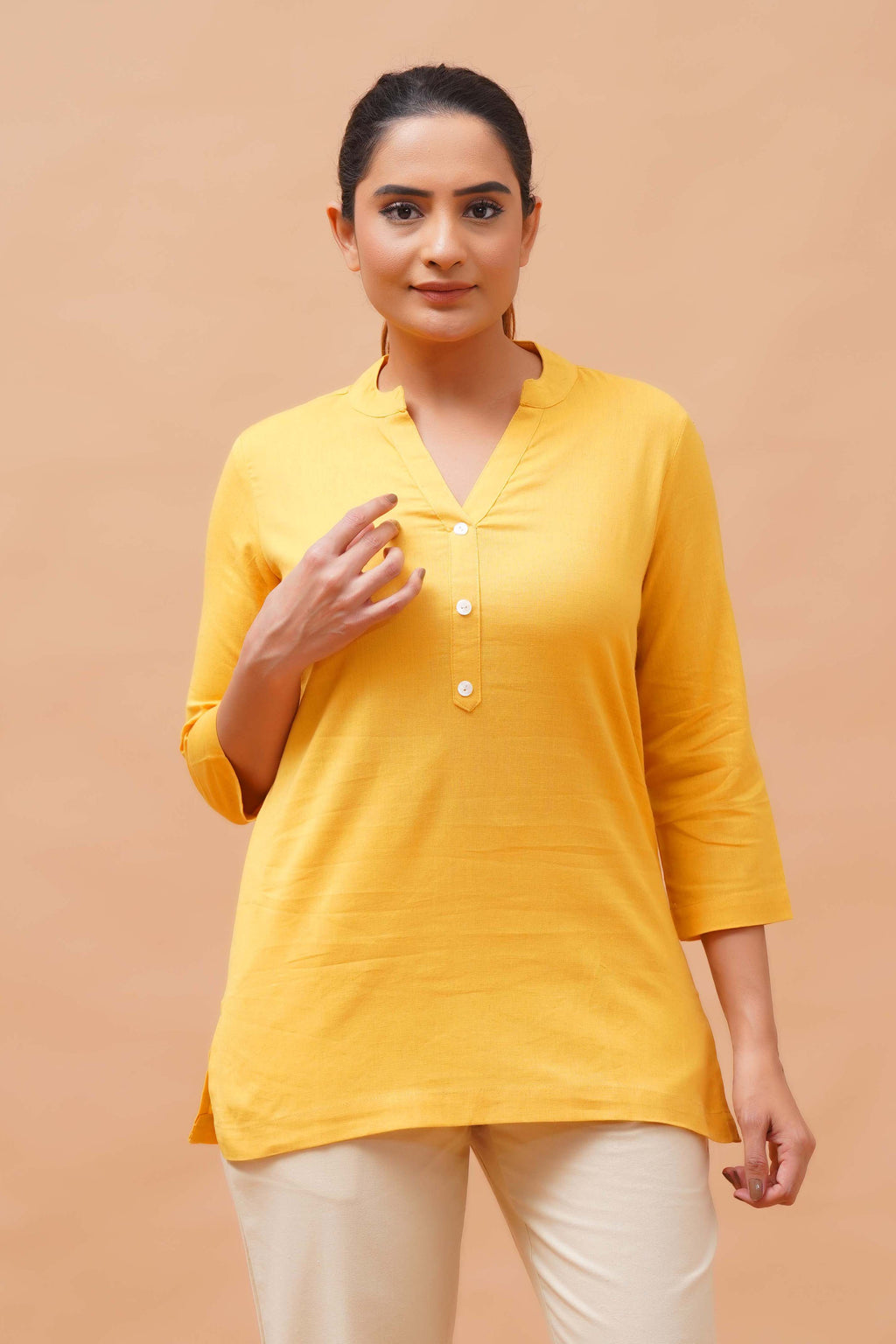 Harrozz Cotton Short Kurta Yellow