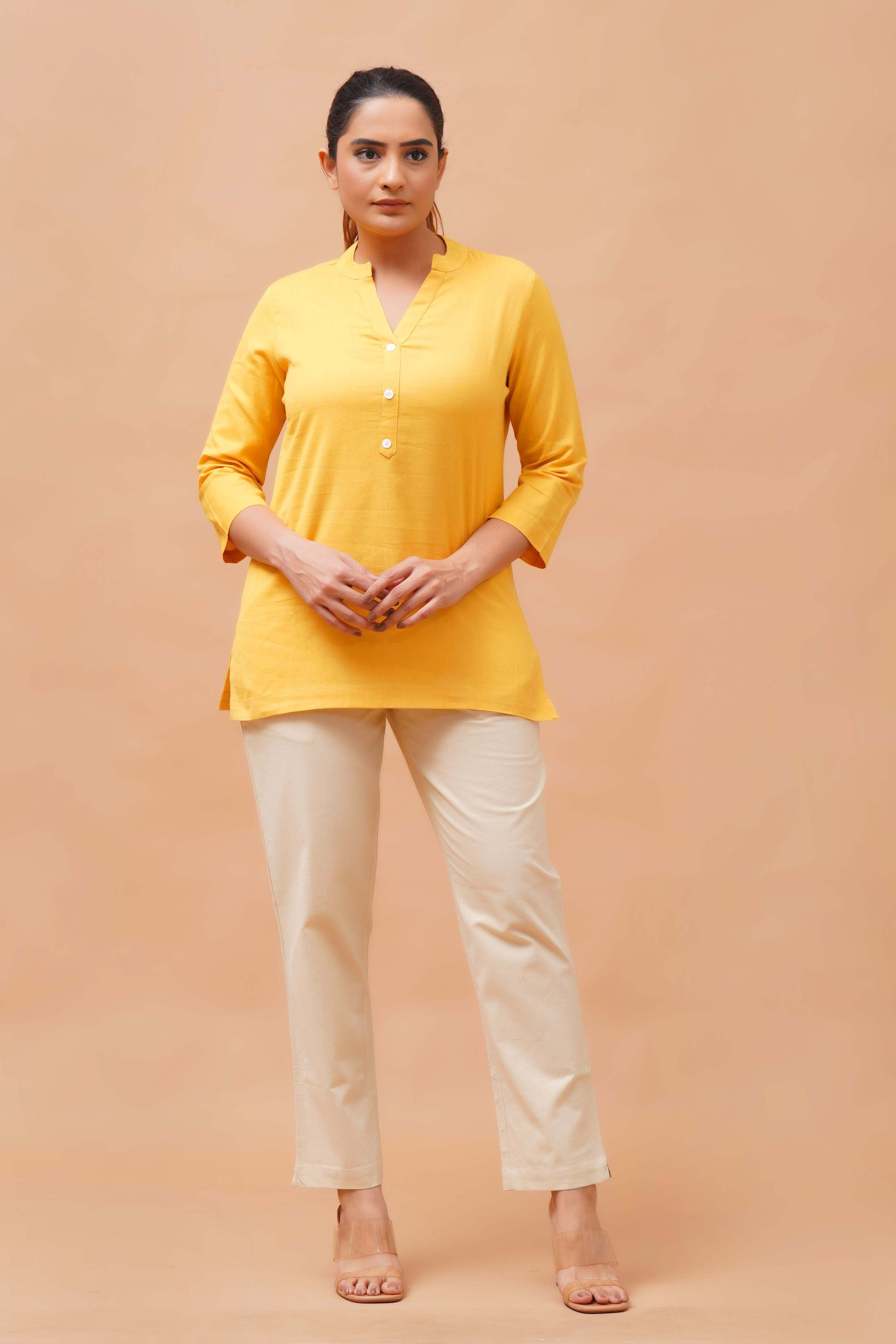 Harrozz Cotton Short Kurta Yellow