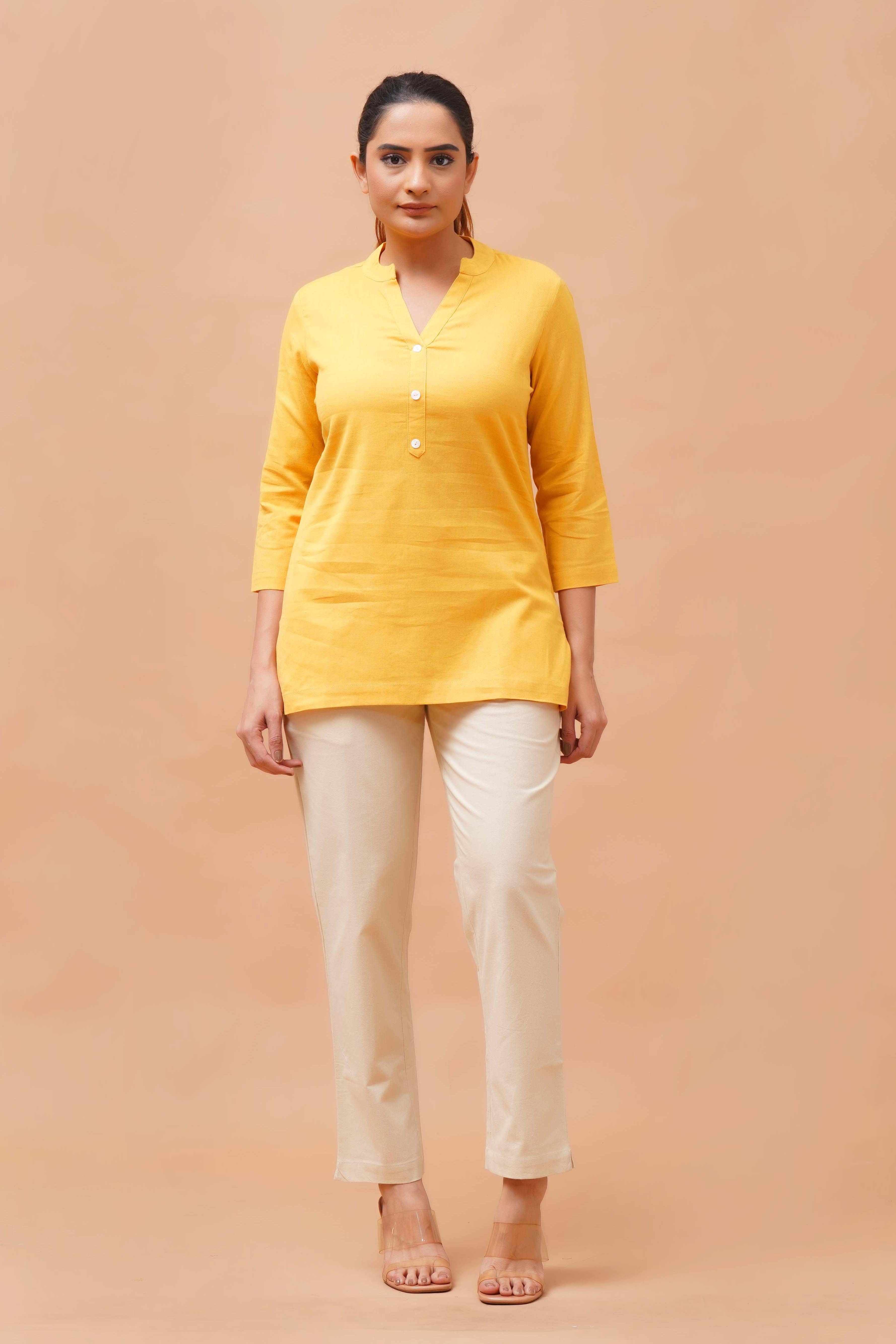 Harrozz Cotton Short Kurta Yellow
