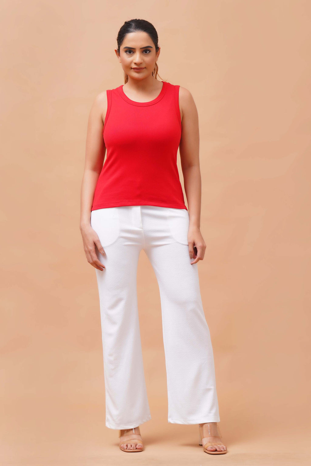 Harrozz Sleeveless Ribbed Top Red