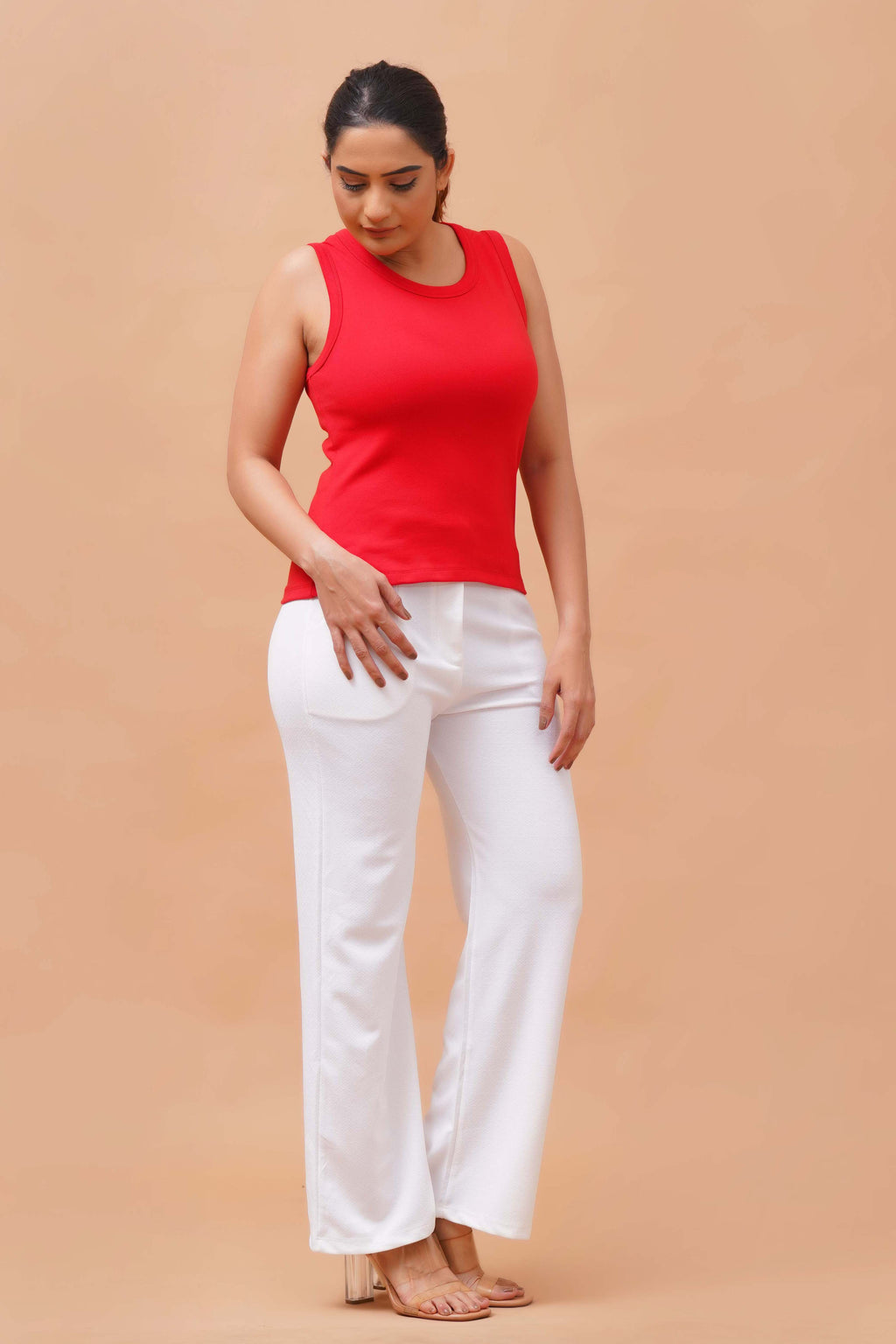 Harrozz Sleeveless Ribbed Top Red