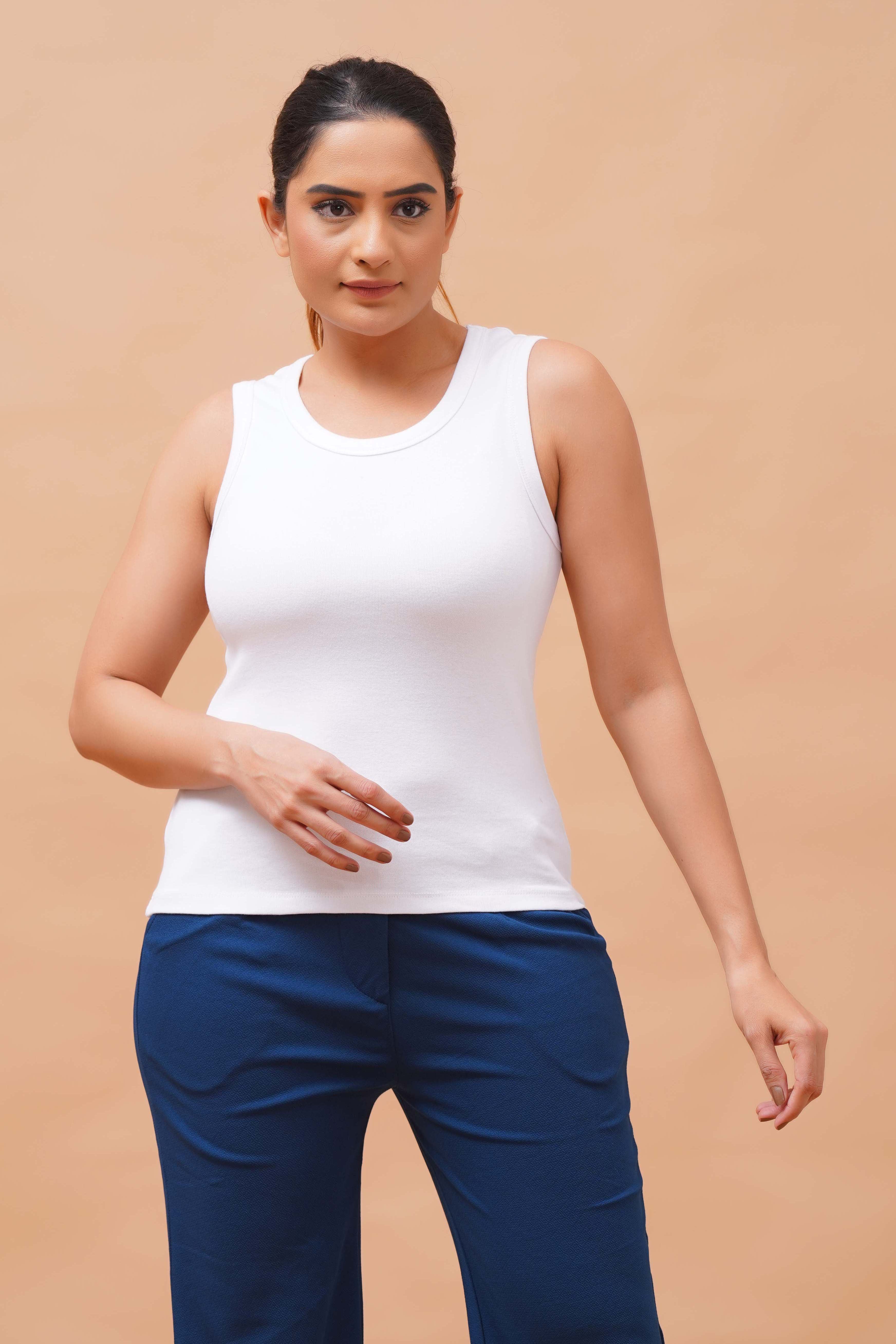 Harrozz Sleeveless Ribbed Top White